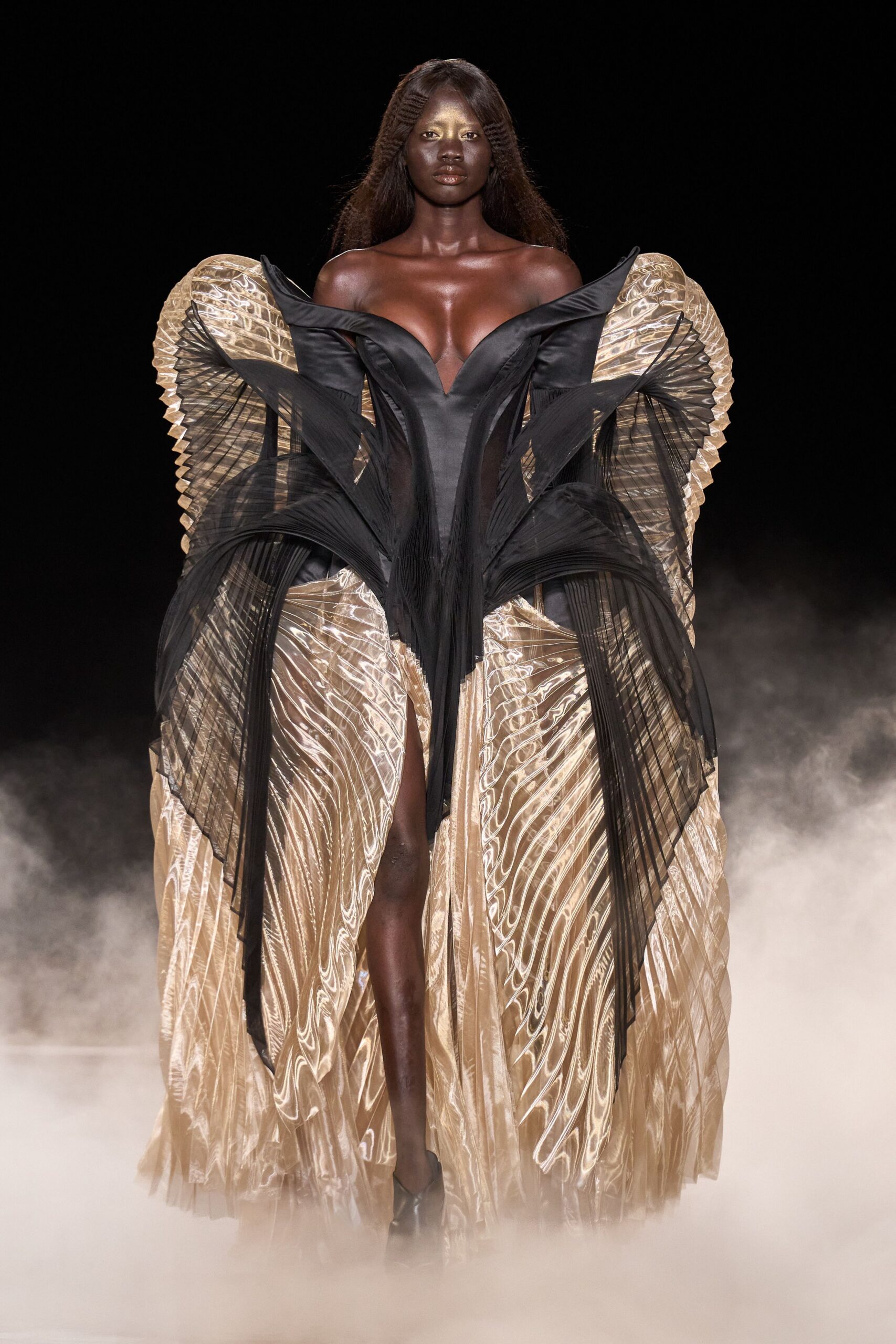 black and gold pleated gown
