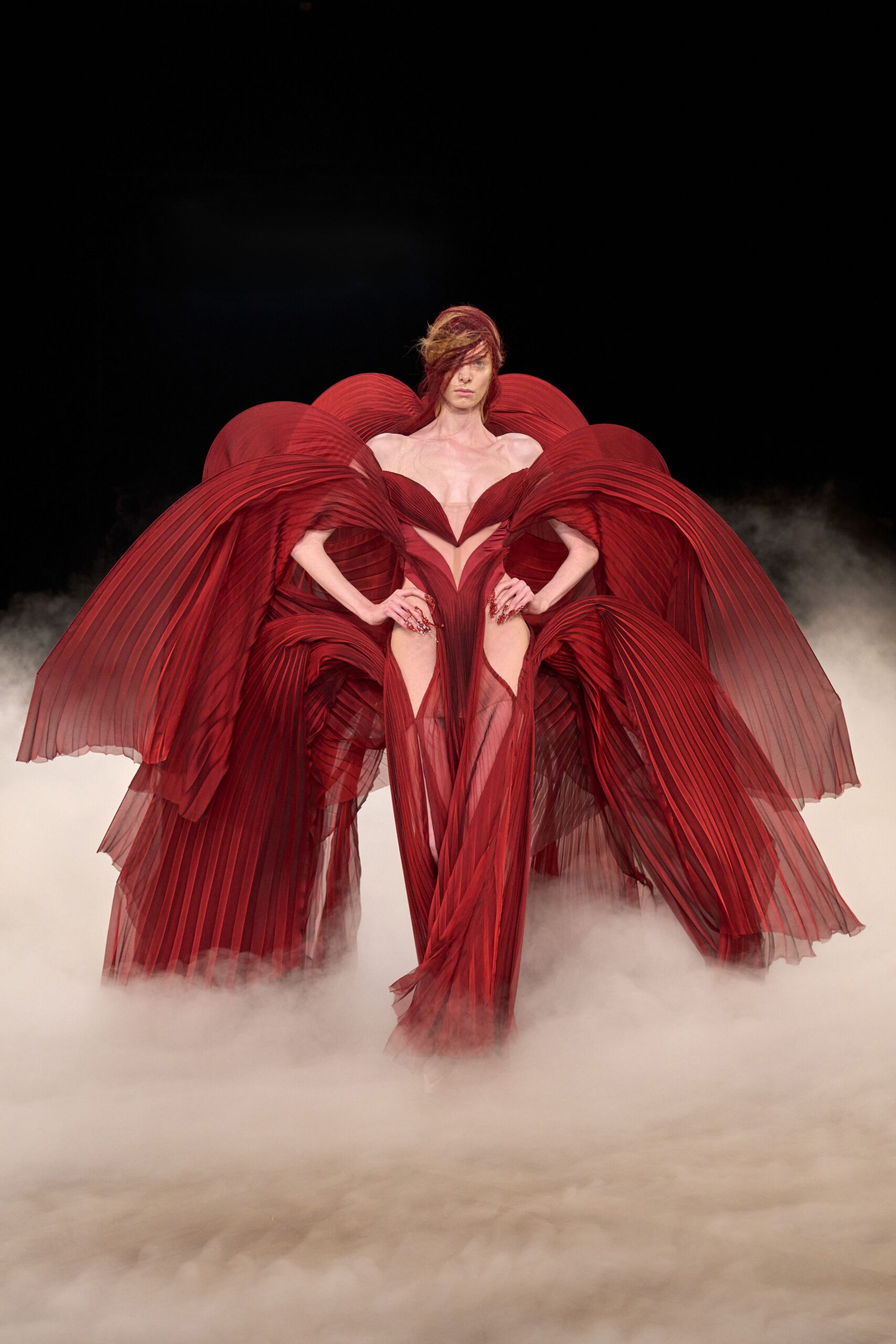 red pleated silk gown