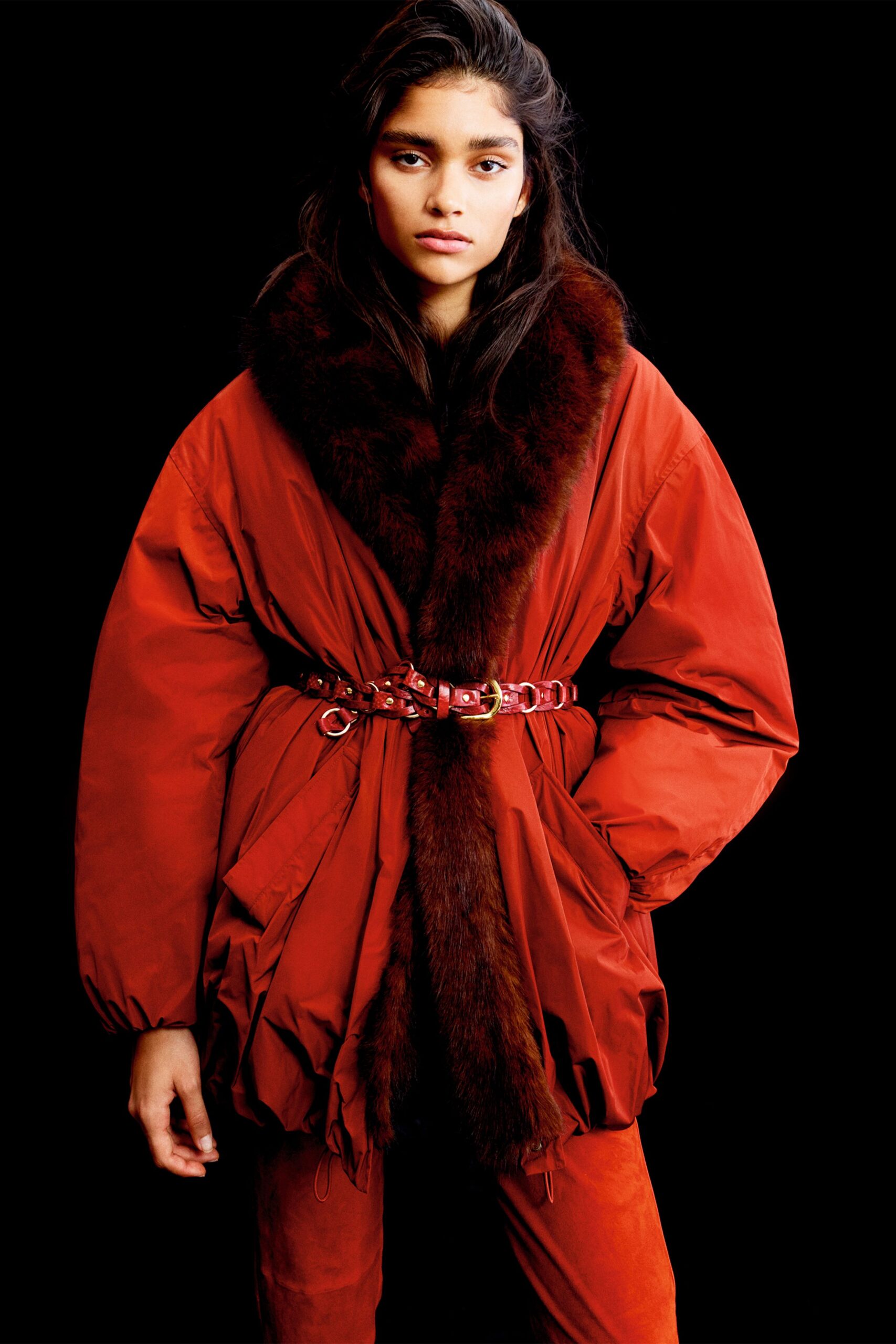 red faux-fur long-sleeve collared oversized ruffled belted coat
