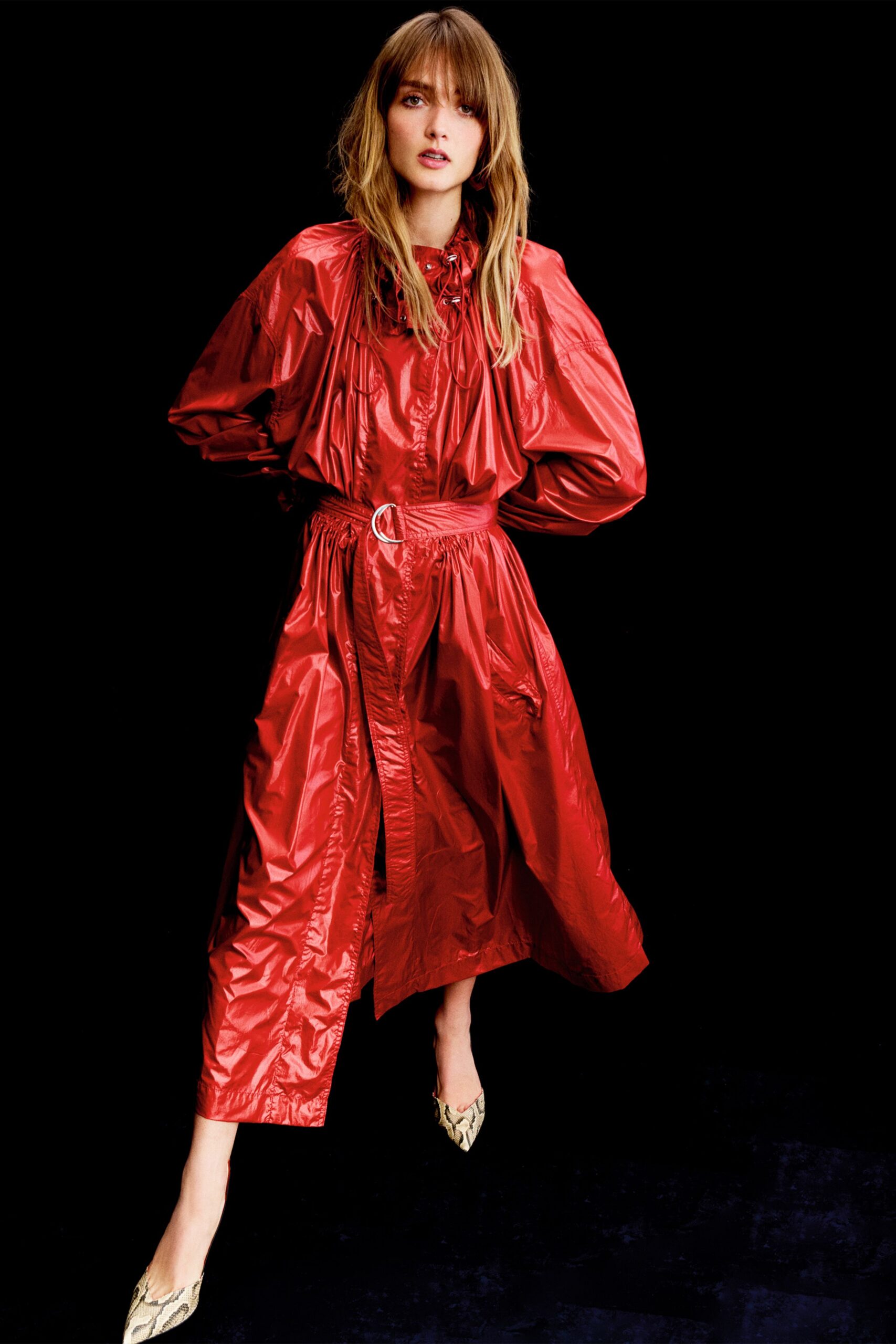 red vinyl long-sleeve collared relaxed zippered belted coat