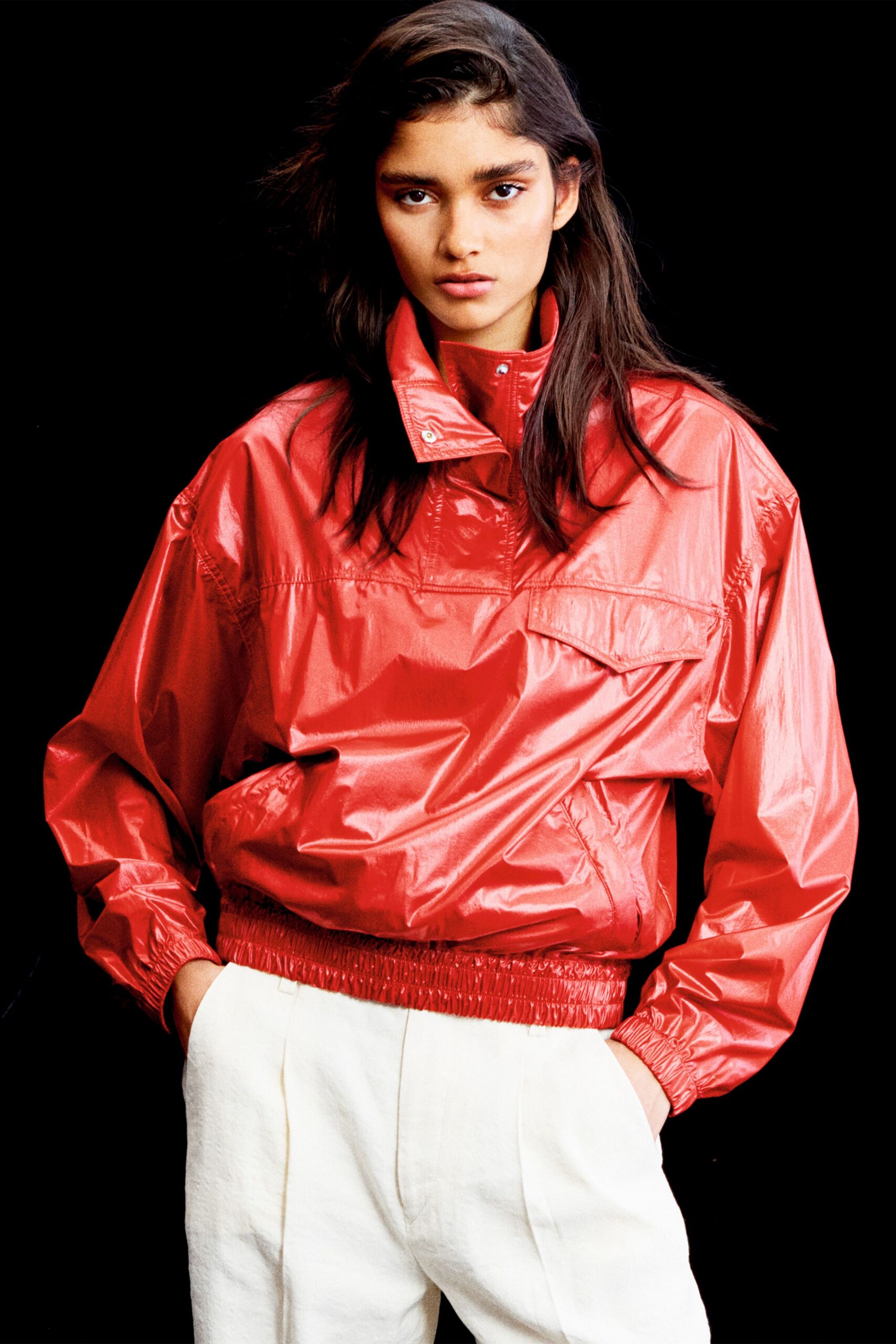 red vinyl long-sleeve collared relaxed zippered shiny jacket