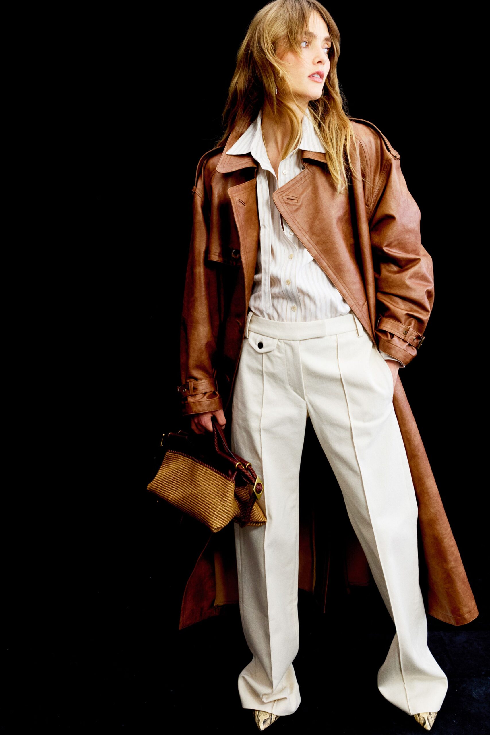 beige cotton tailored wide-leg pants