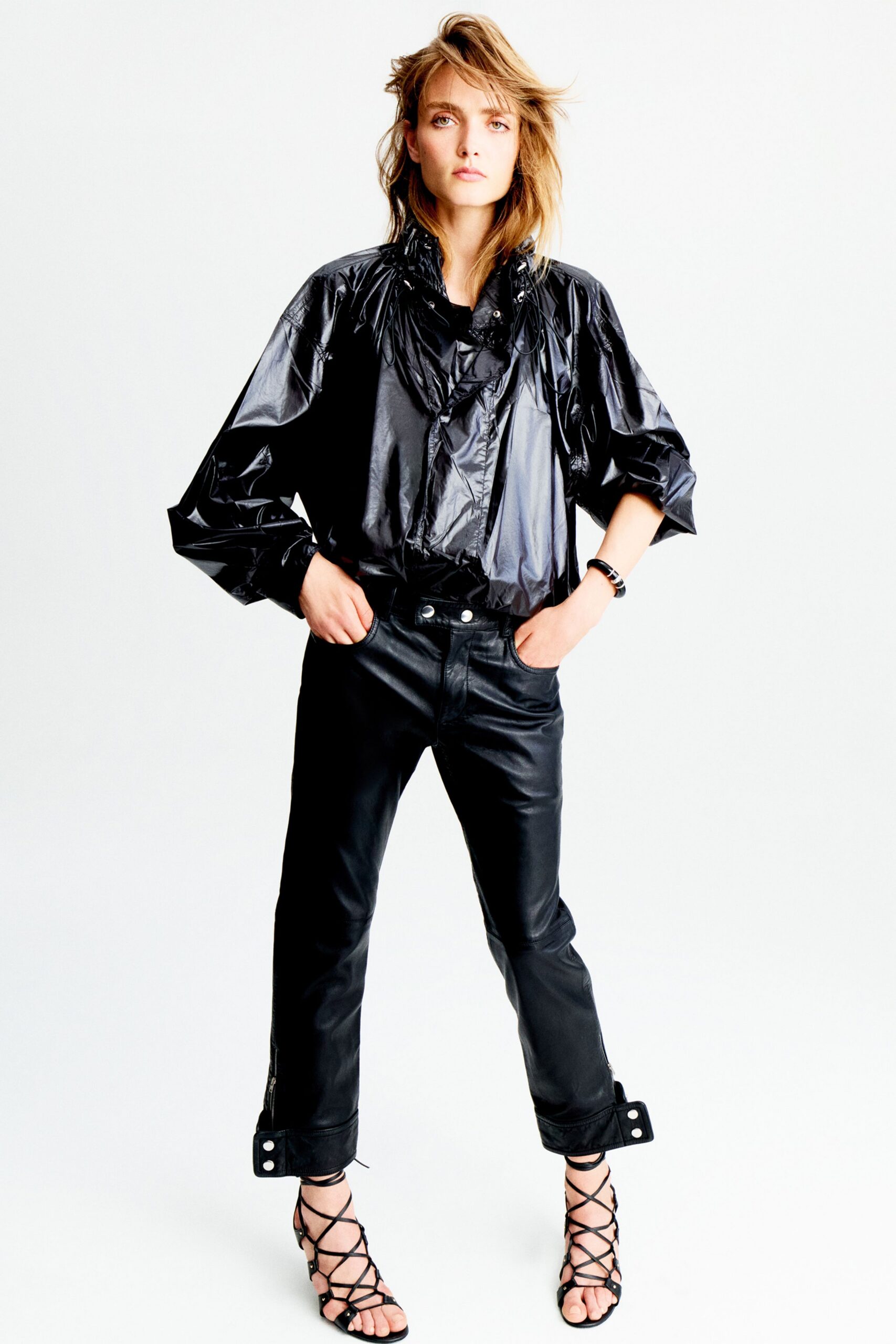 black vinyl long-sleeve collared relaxed zippered shiny top