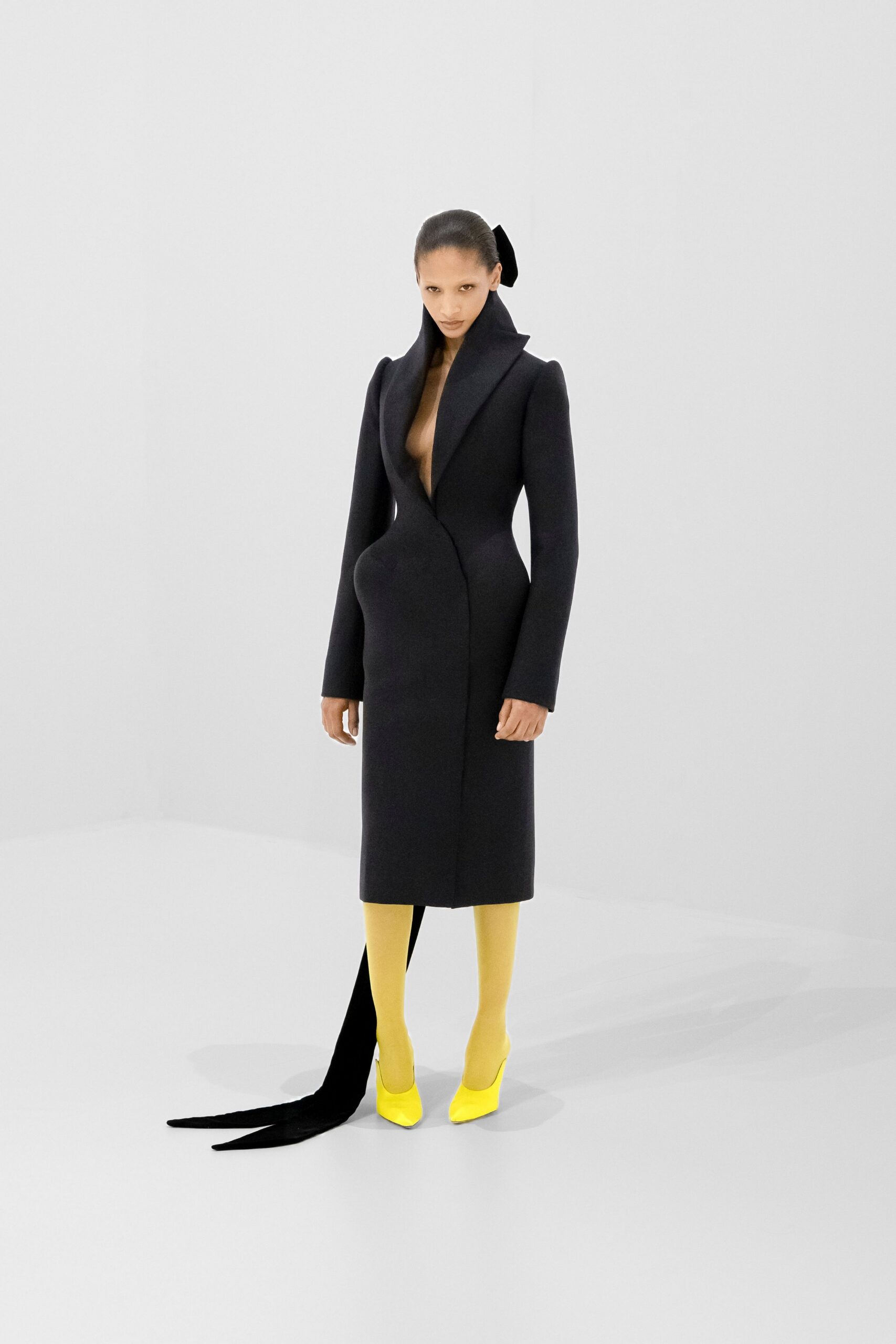 black wool long-sleeve v-neck fitted structured midi dress
