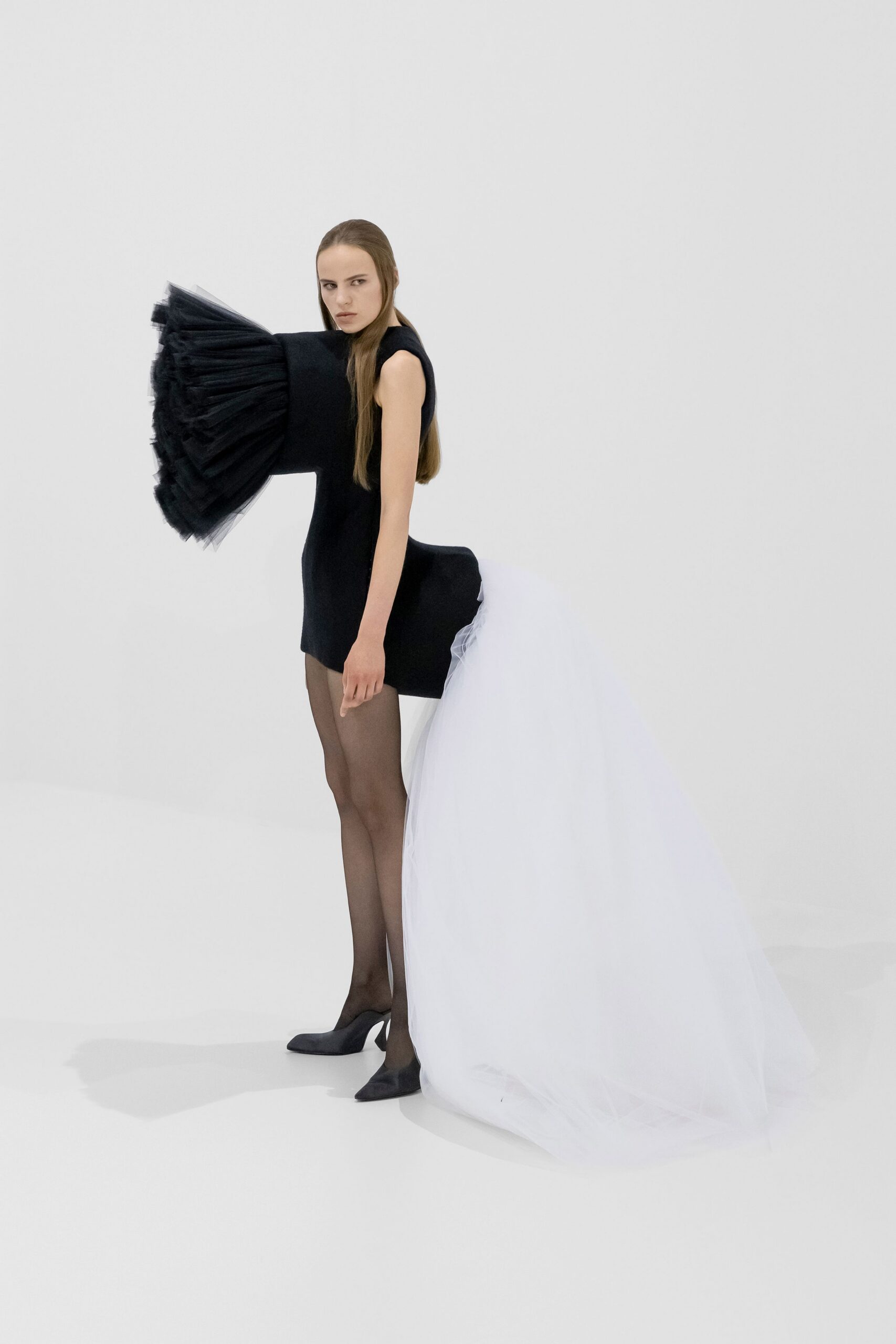 black tulle sleeveless v-neck fitted pleated mini dress