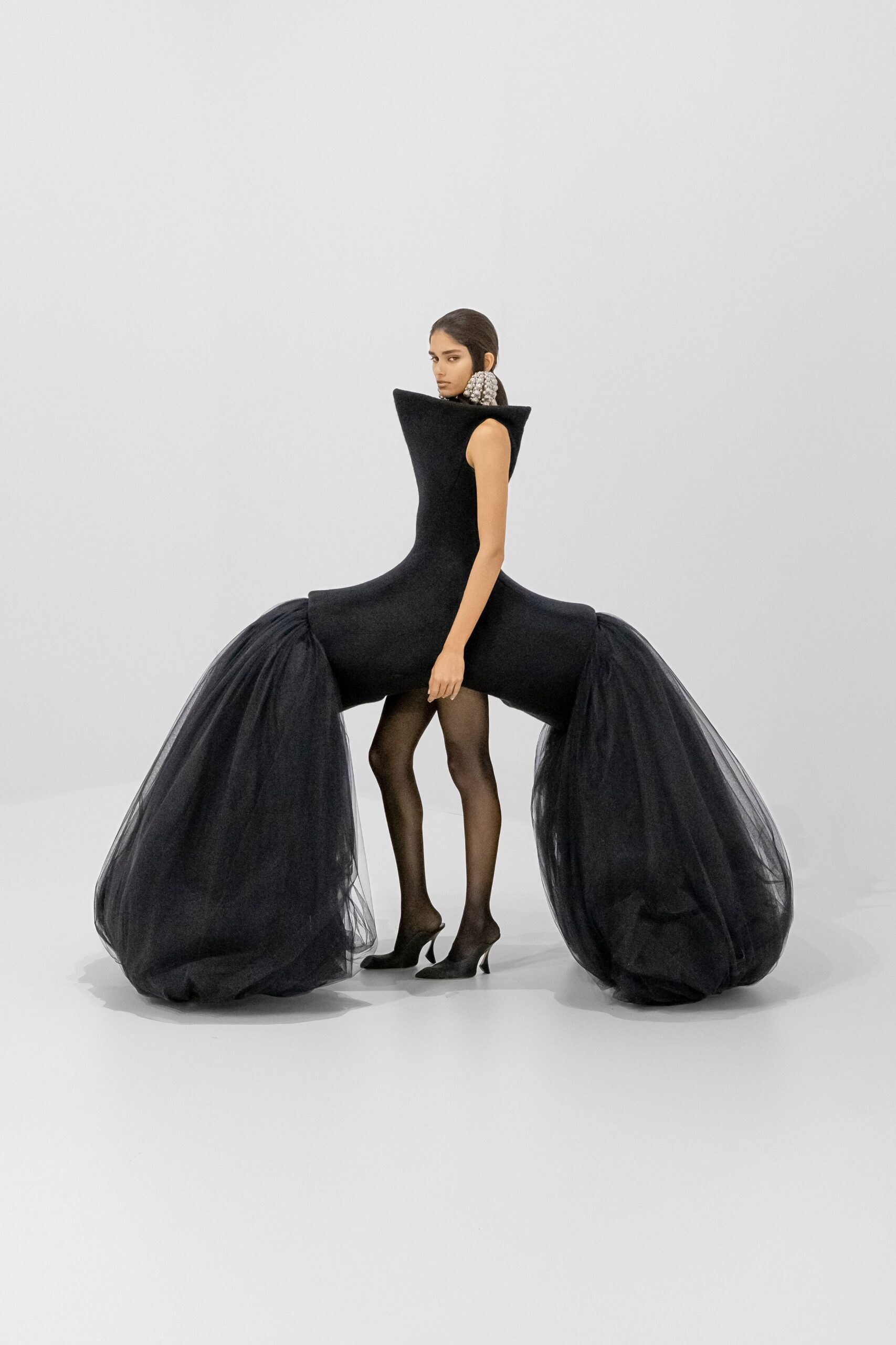 black tulle sleeveless high-neck fitted structured layered dress