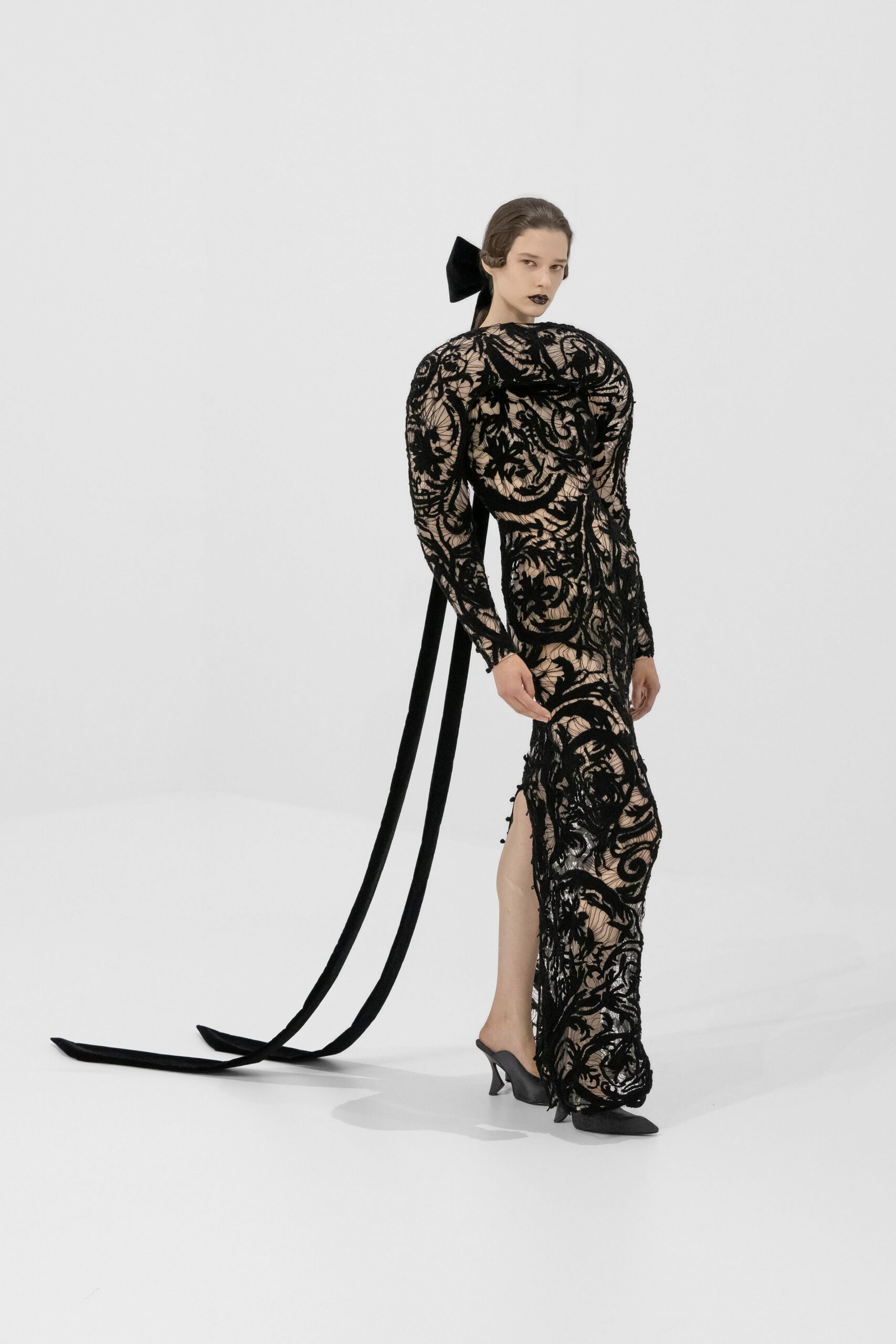 black lace long-sleeve high-neck fitted embroidered sheer gown
