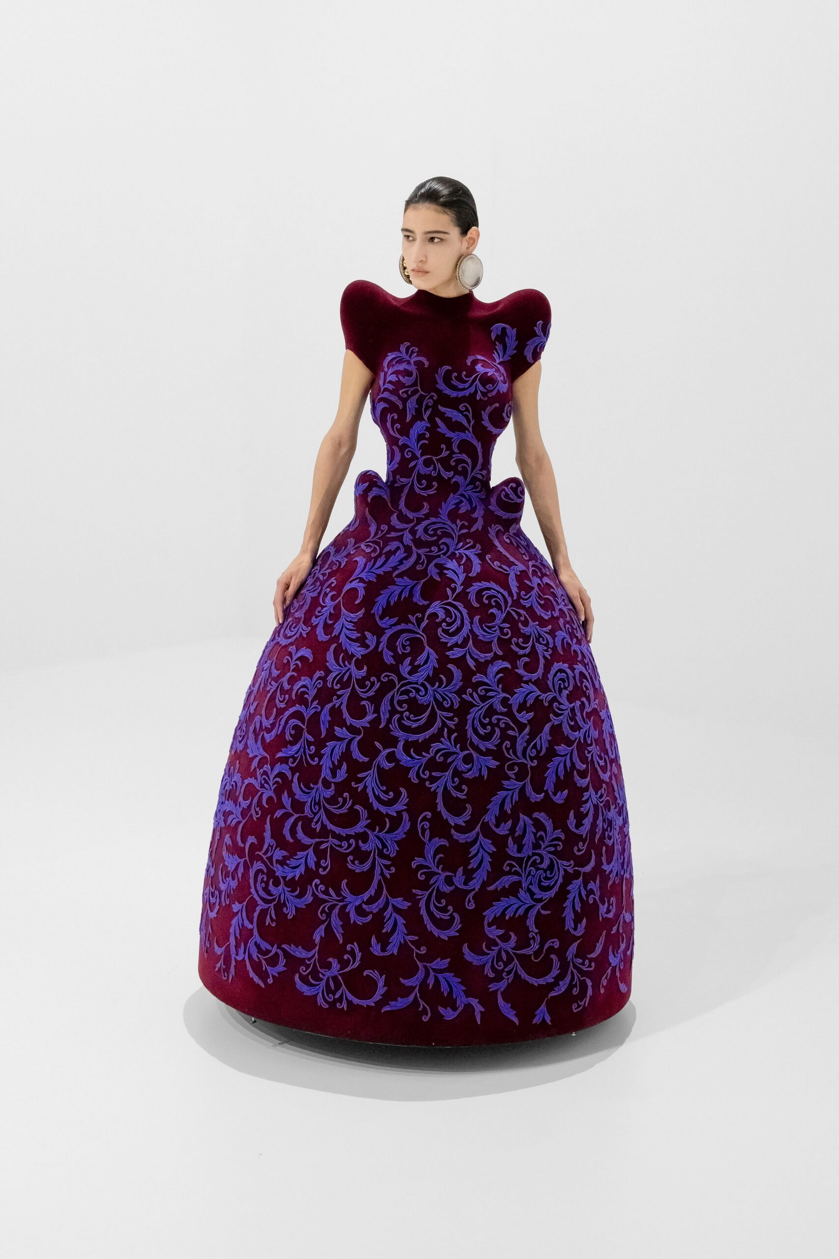 purple velvet embroidered gown