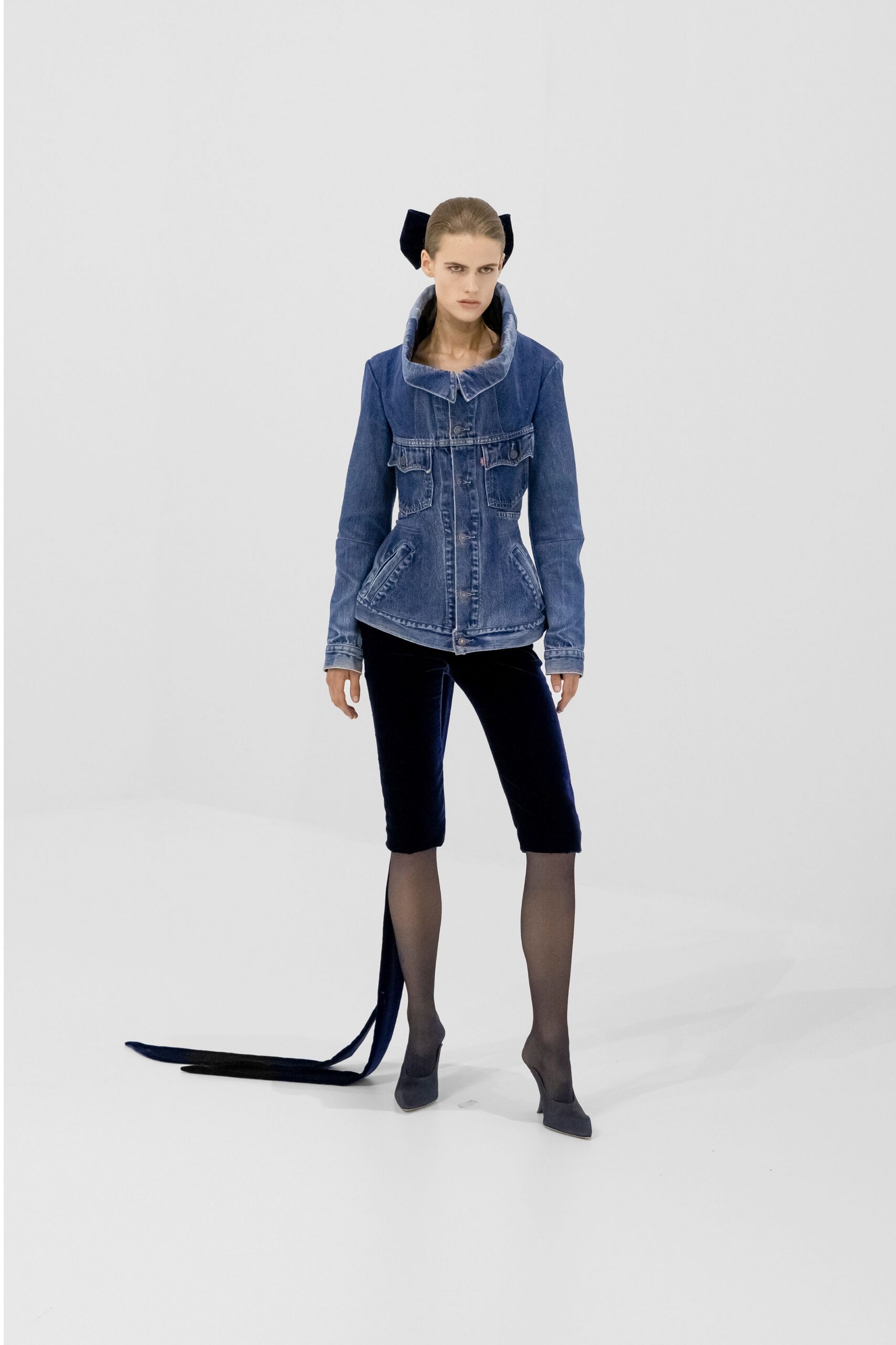 blue denim jacket with black velvet shorts