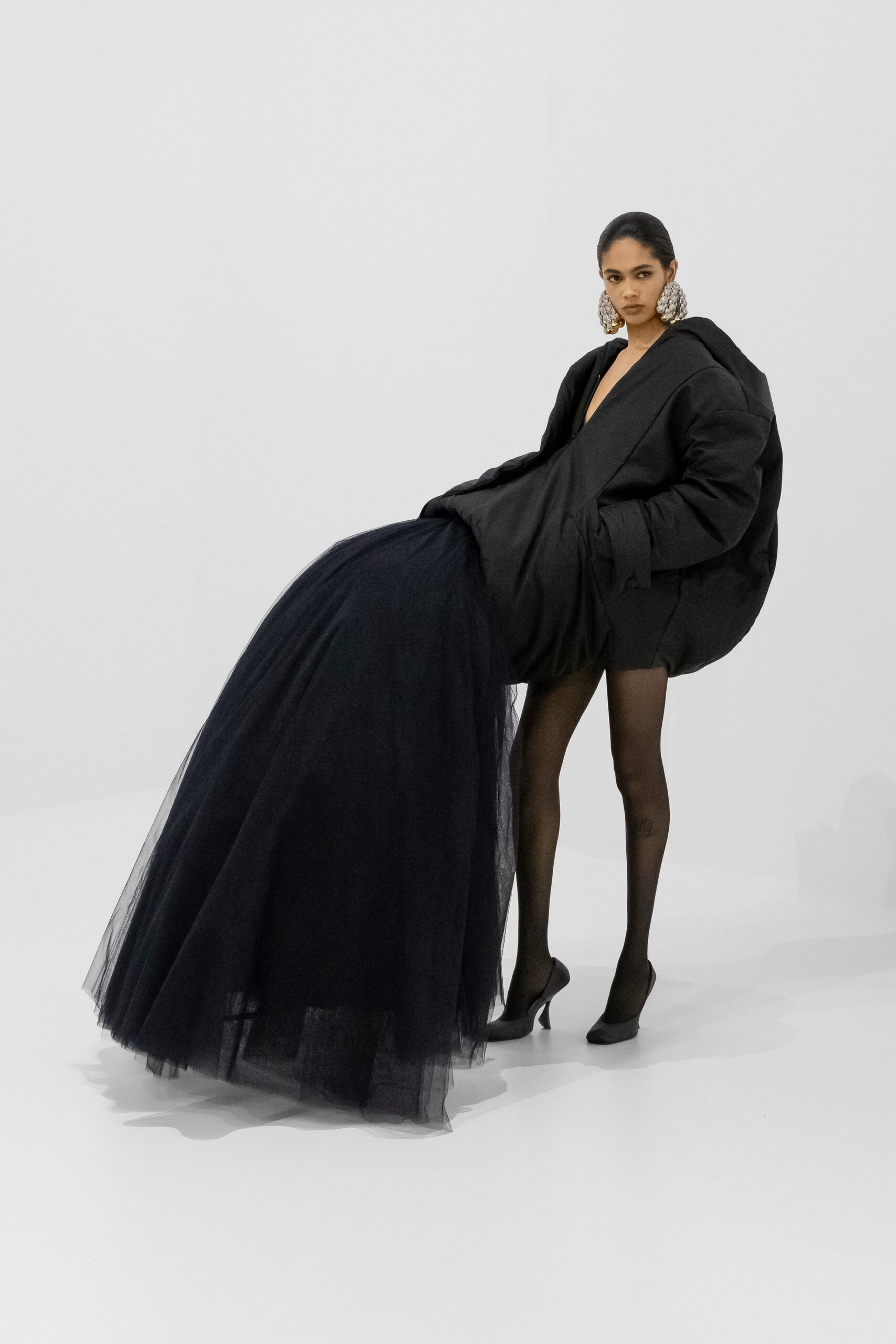 black wool long-sleeve v-neck oversized layered coat