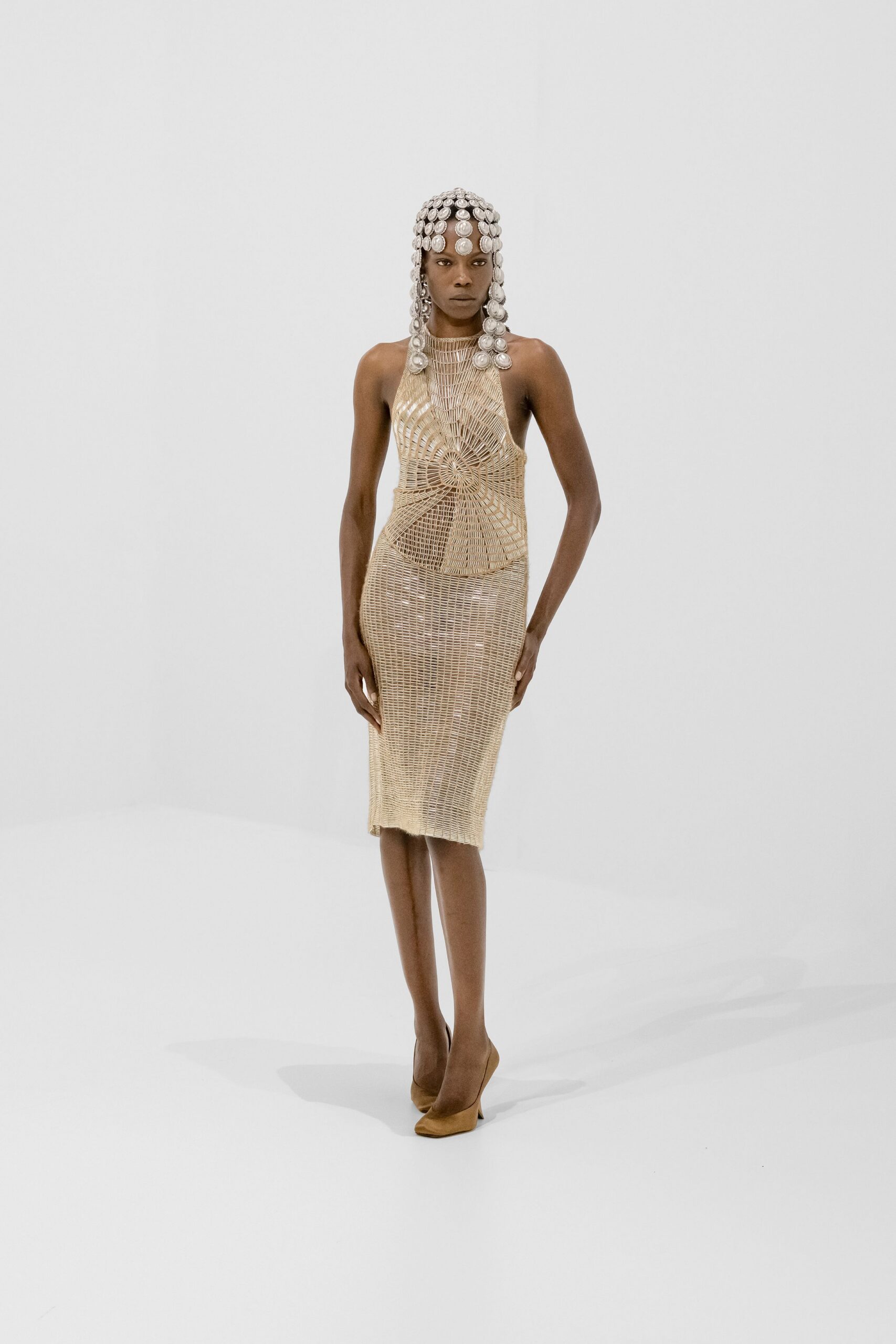 gold mesh sleeveless high-neck fitted ruched sheer dress