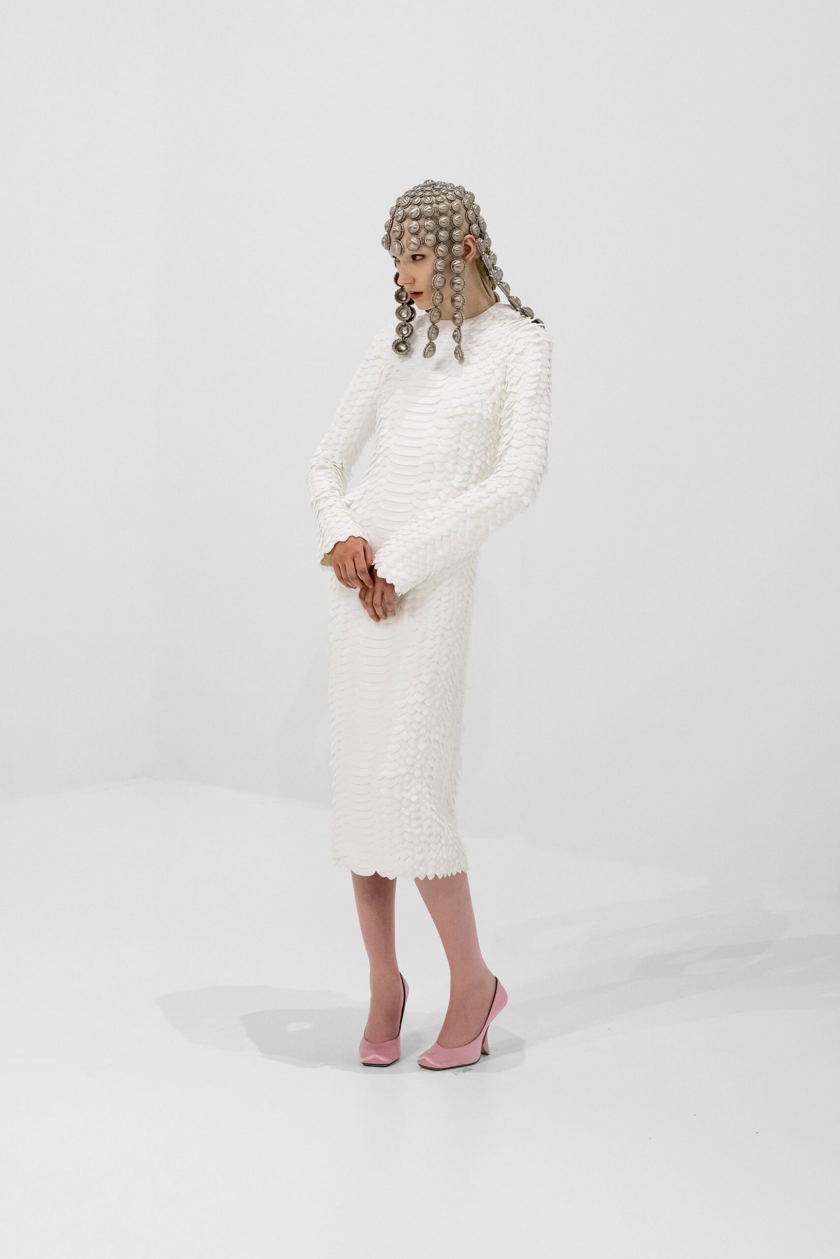 white cotton long-sleeve high-neck fitted textured midi dress