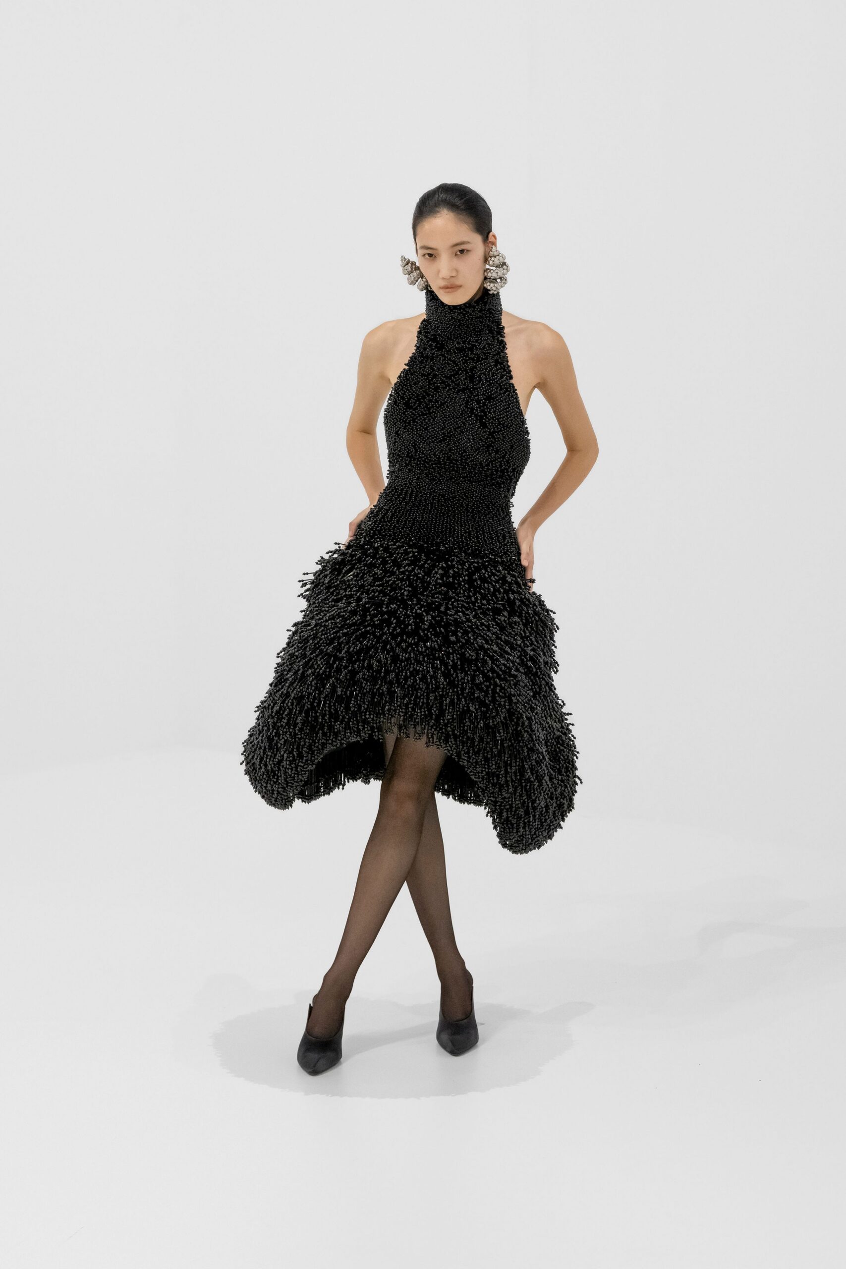 black cotton sleeveless high-neck fitted ruffled midi dress