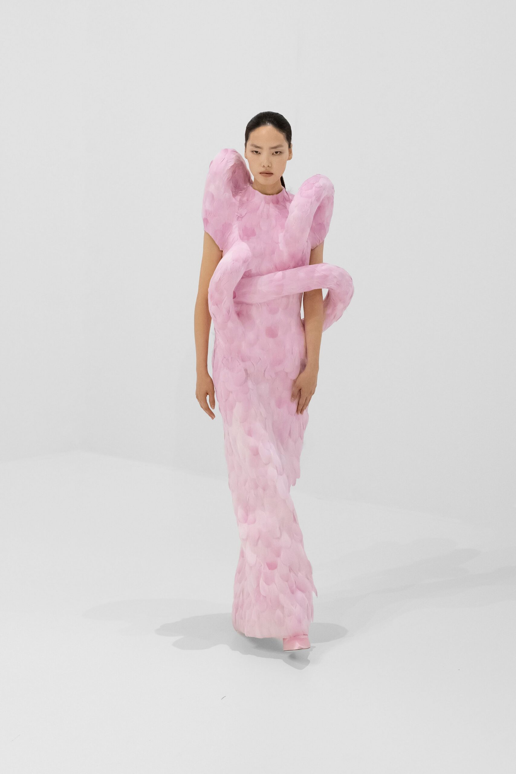 pink silk short-sleeve fitted ruffled flowing maxi gown