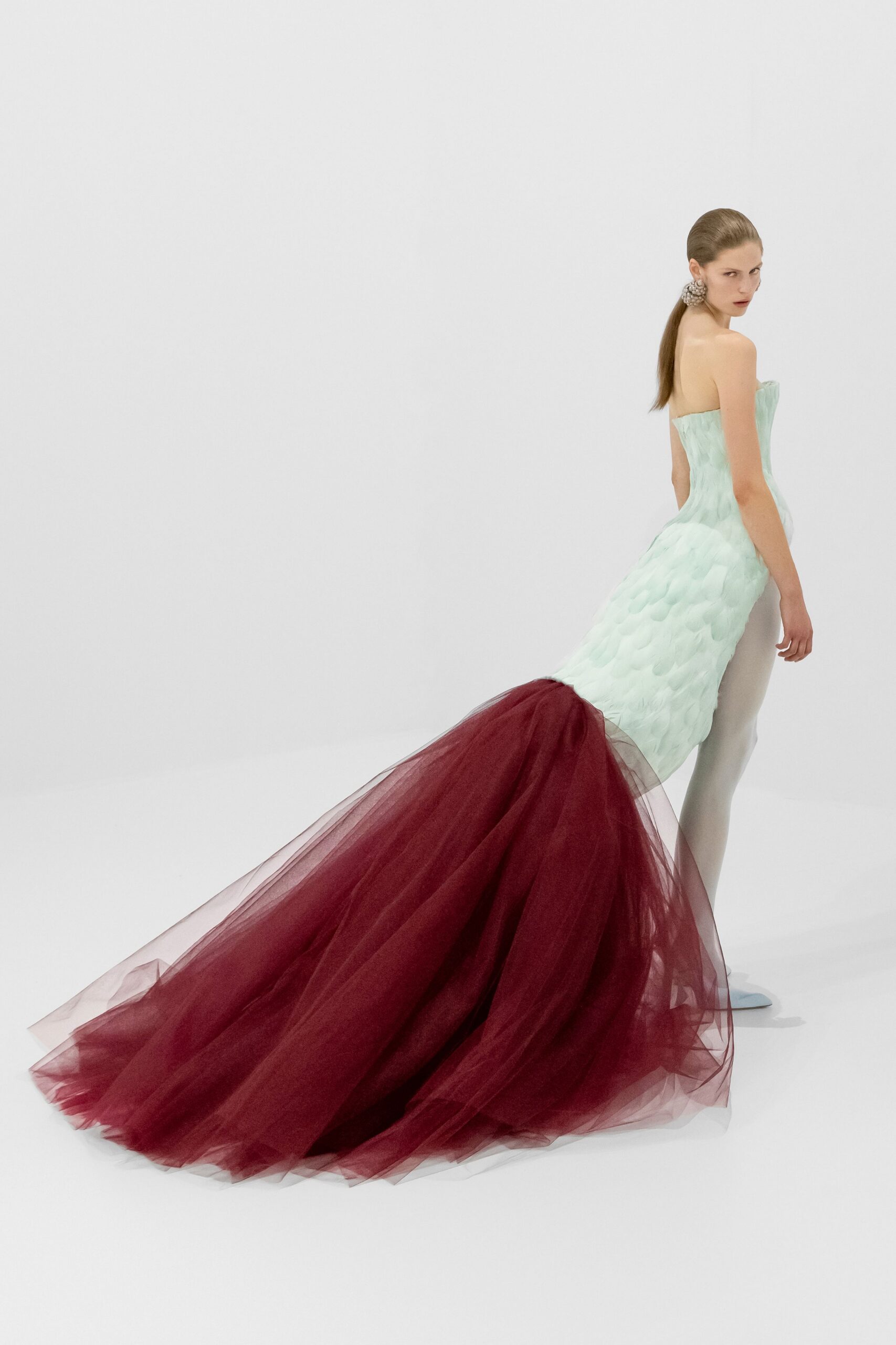mint burgundy strapless gown