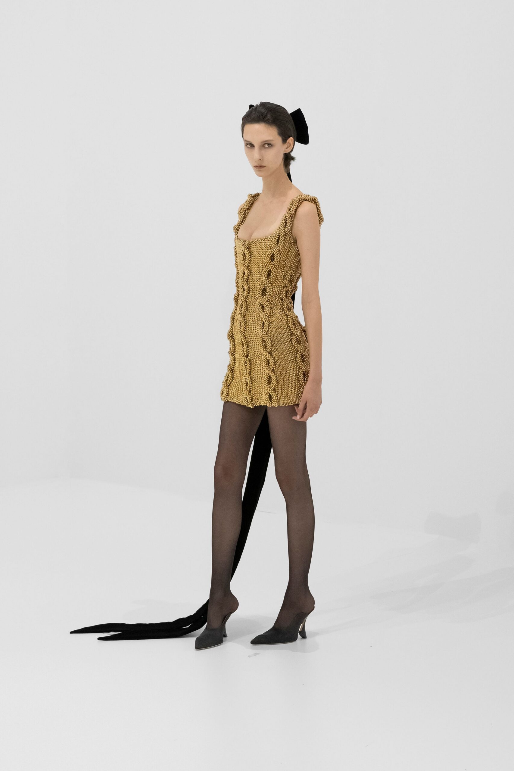 gold cotton sleeveless square-neck fitted ruffled textured mini-dress