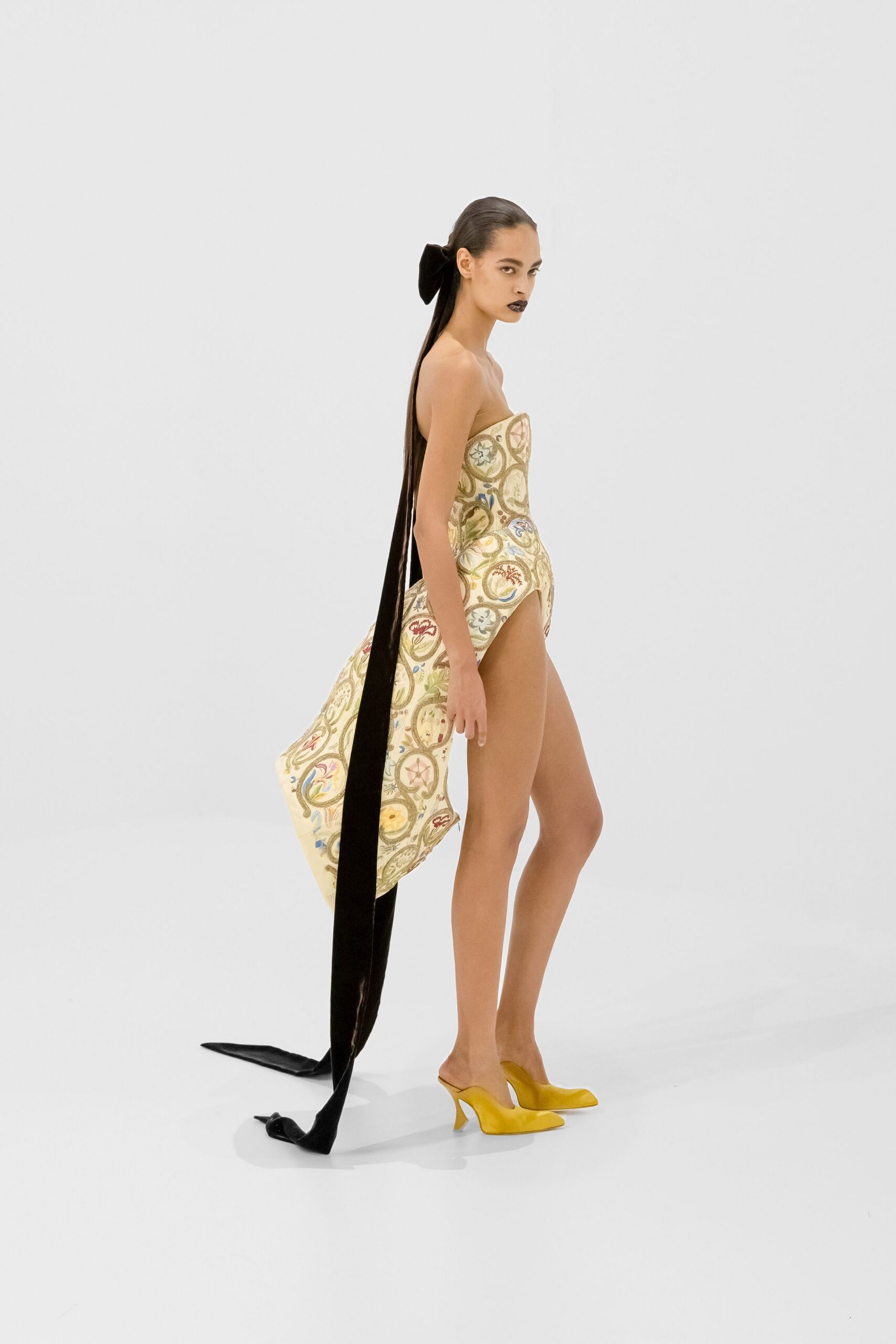 yellow silk strapless fitted embroidered mini dress