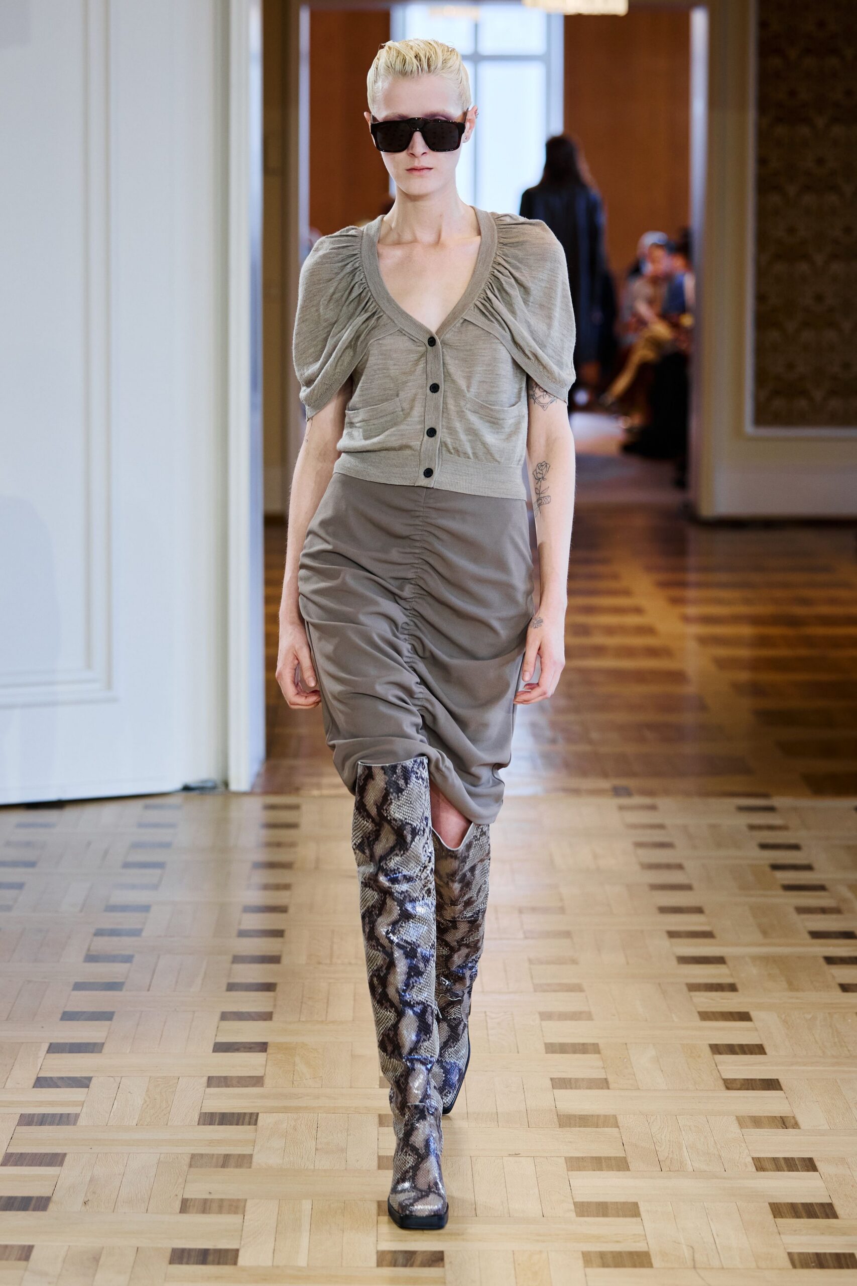 beige silk fitted high-waisted ruched skirt