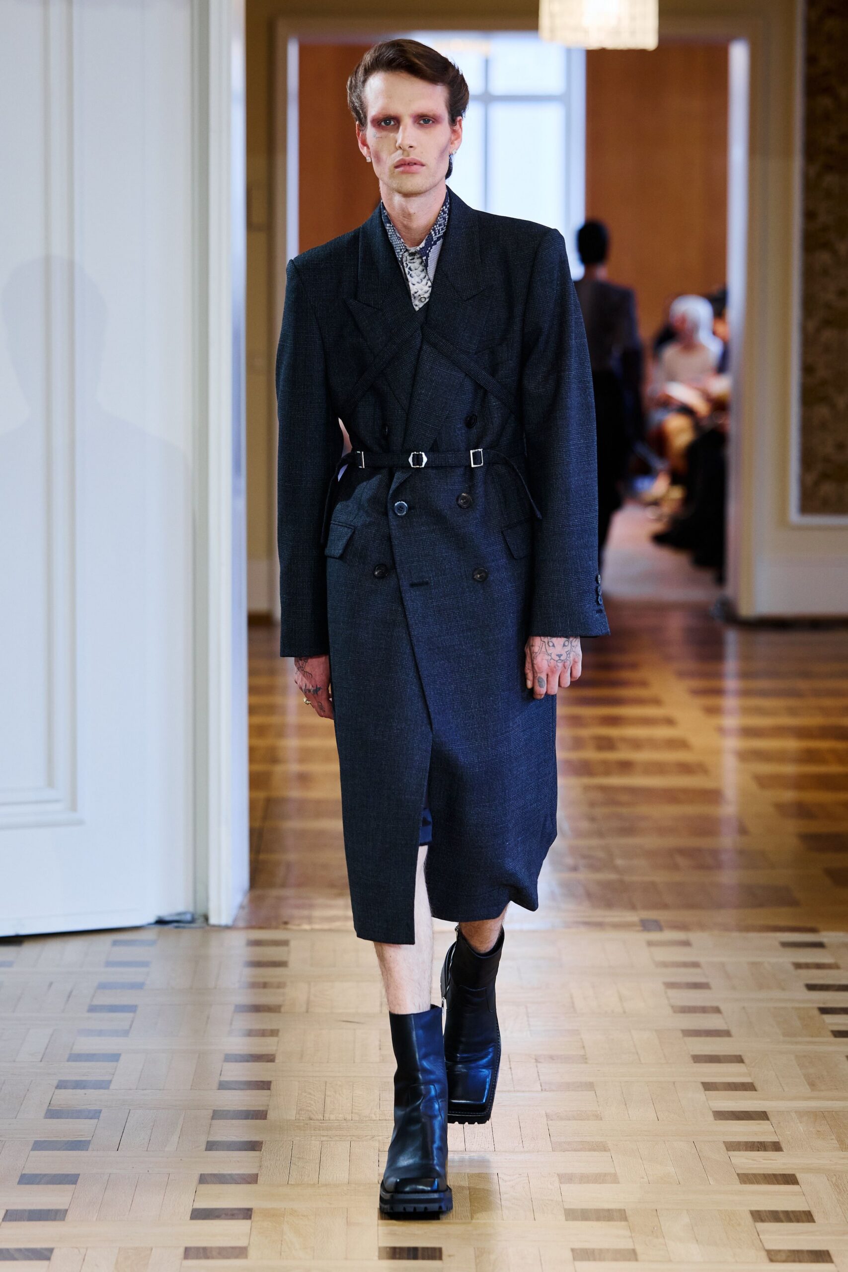 black wool long-sleeve collared structured belted midi trench