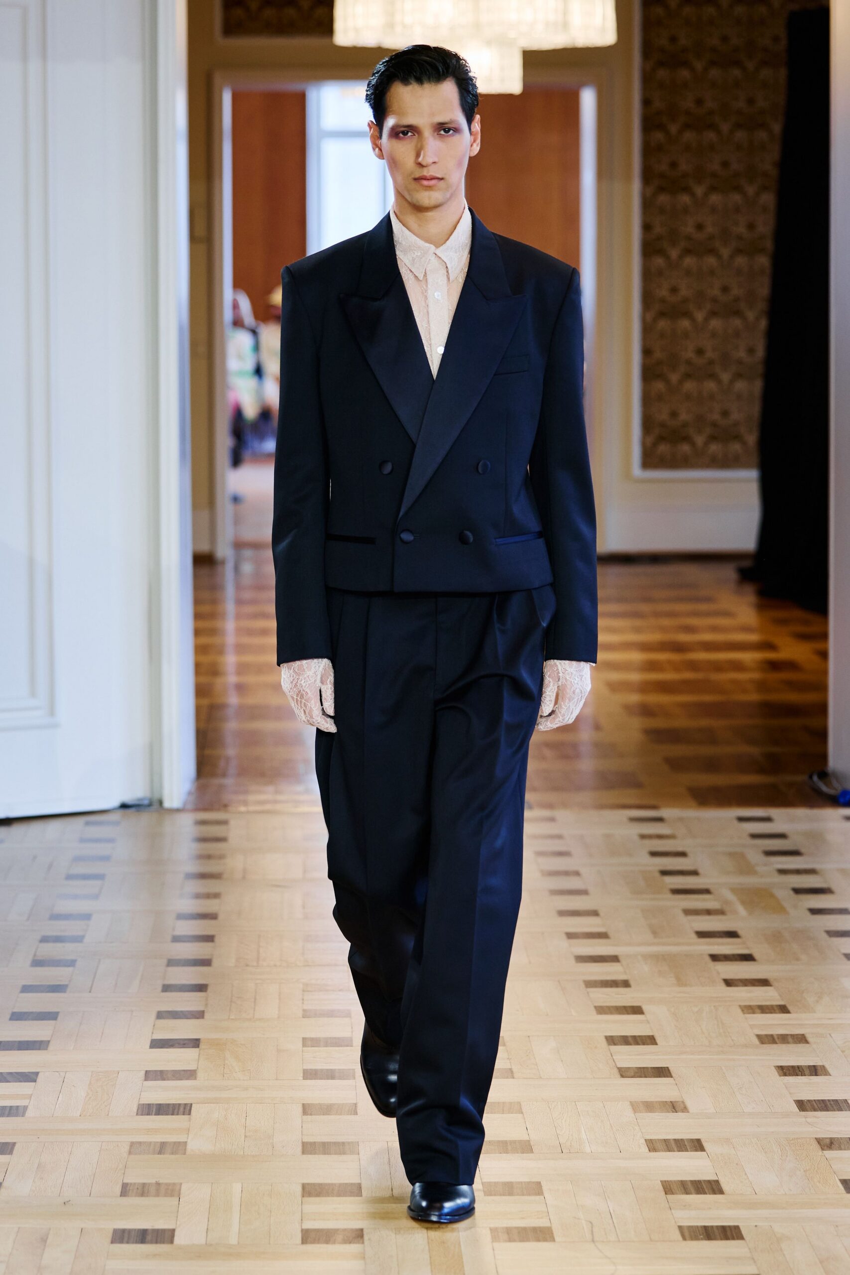 black wool tailored straight-leg pants
