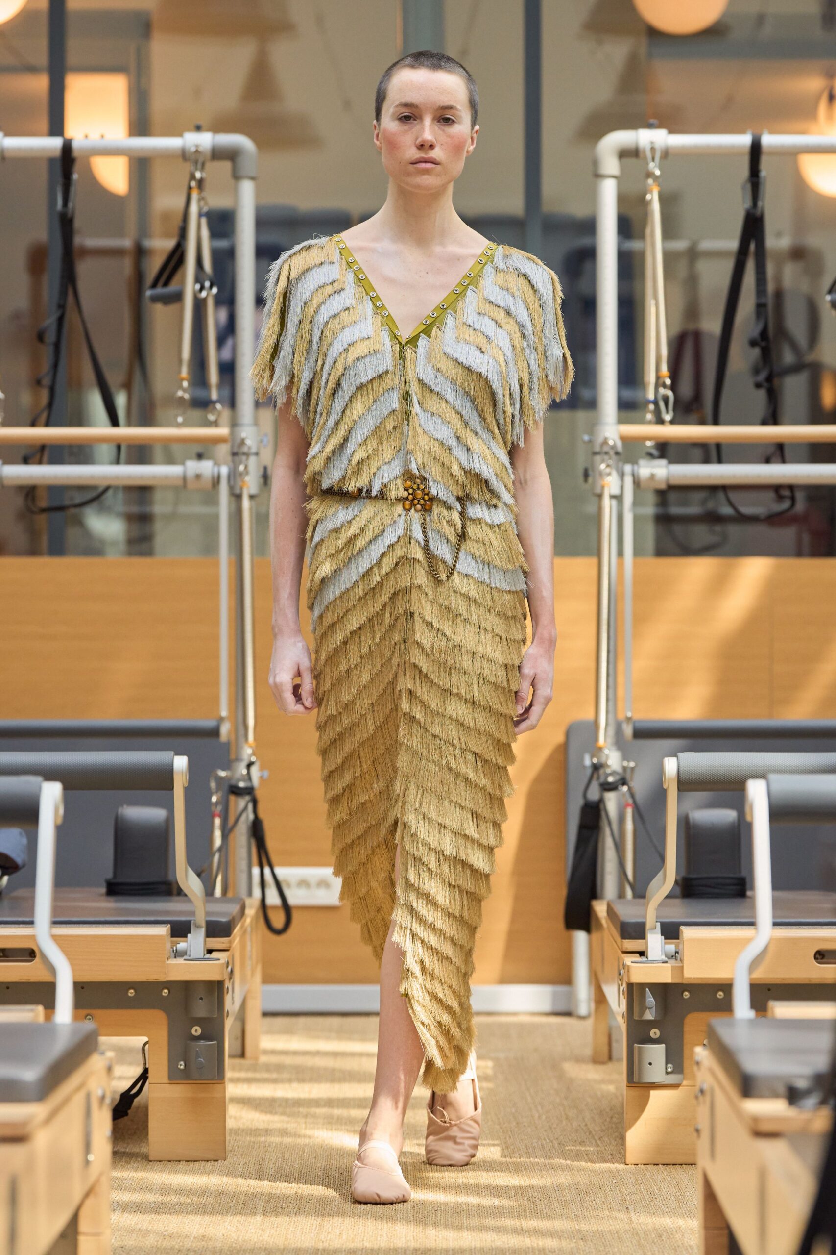 fringed gold and gray midi dress