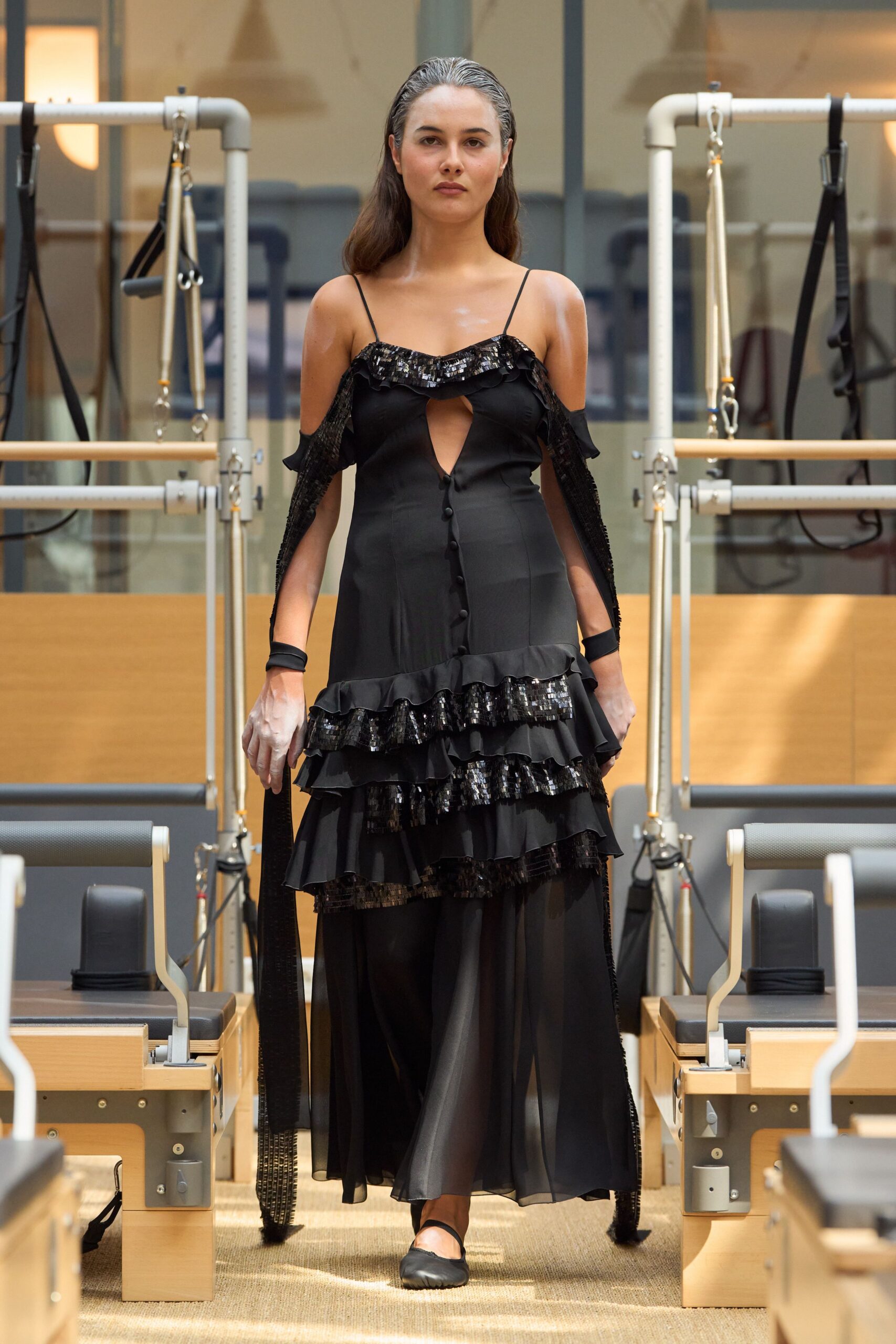 black silk off-shoulder gown