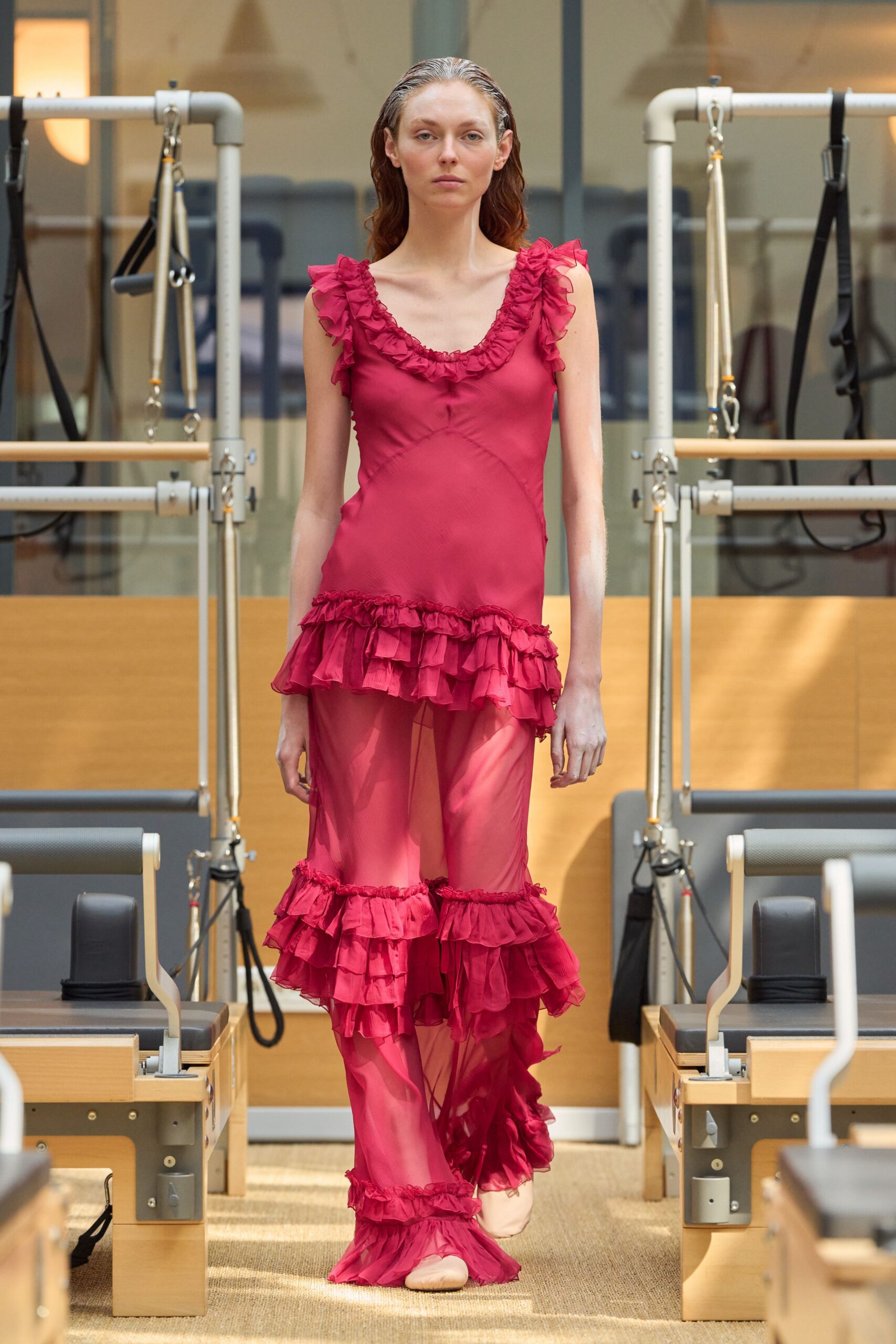 red ruffled chiffon top and pants