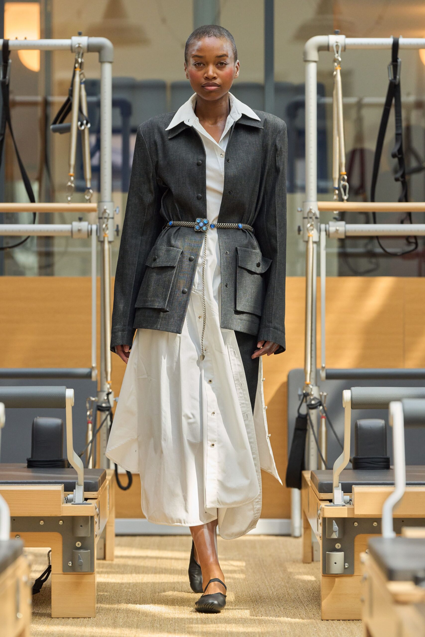 gray jacket white tiered dress