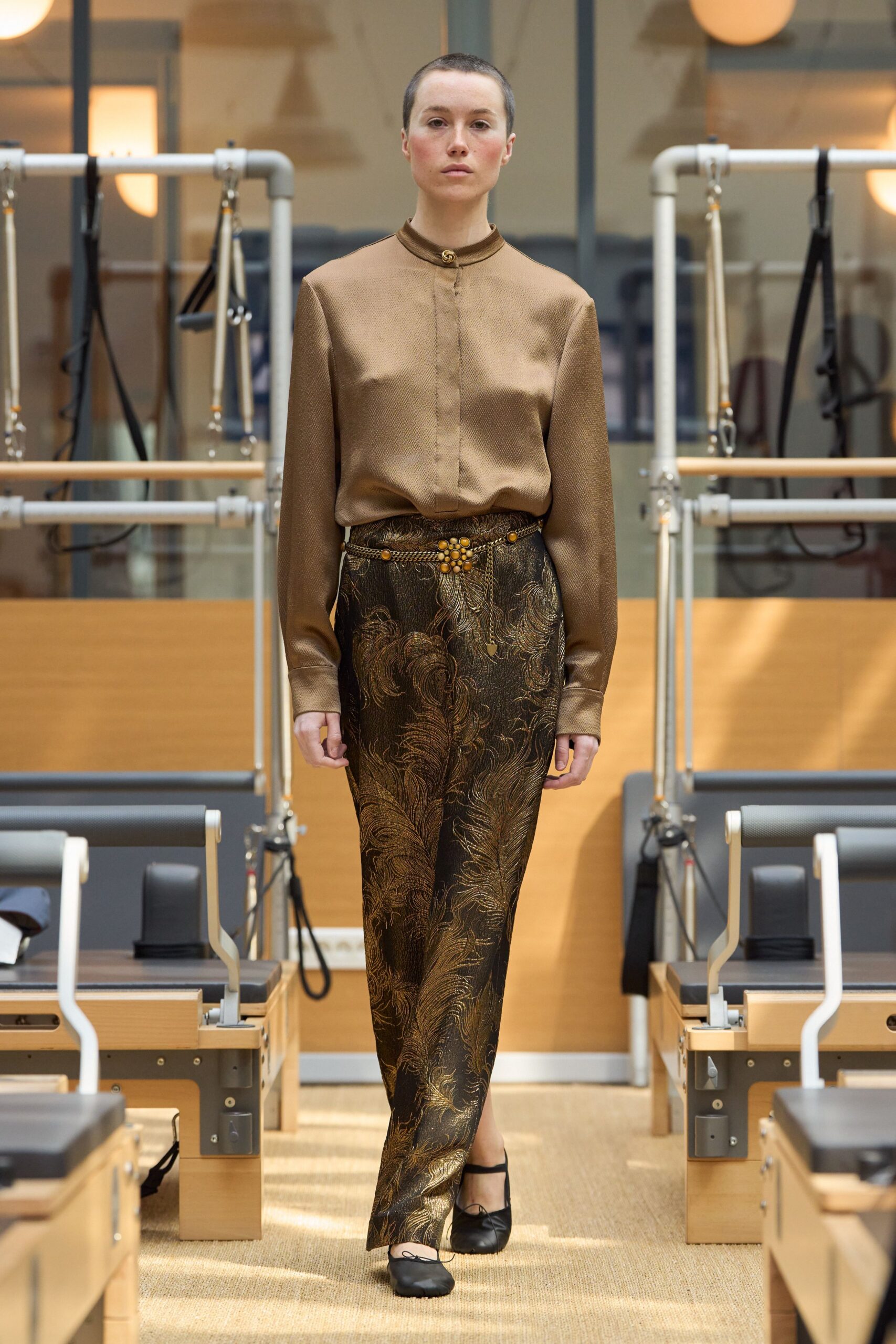 brown silk long-sleeve collared fitted shirt