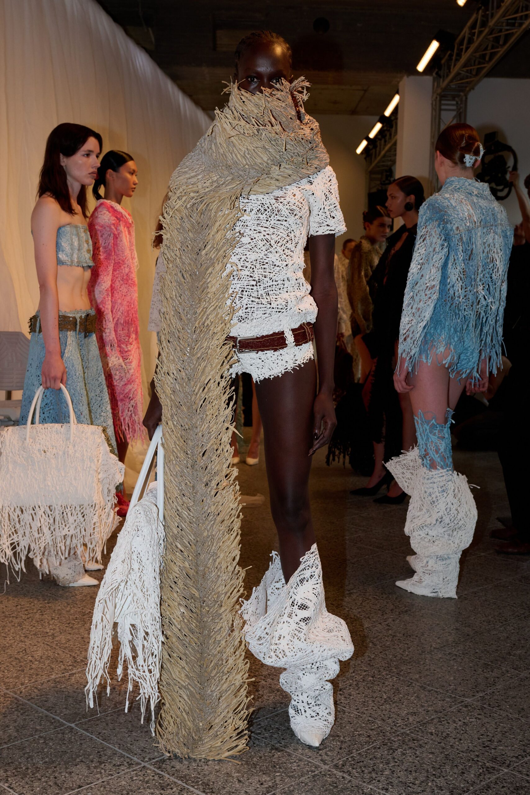 beige cotton oversized fringed coat