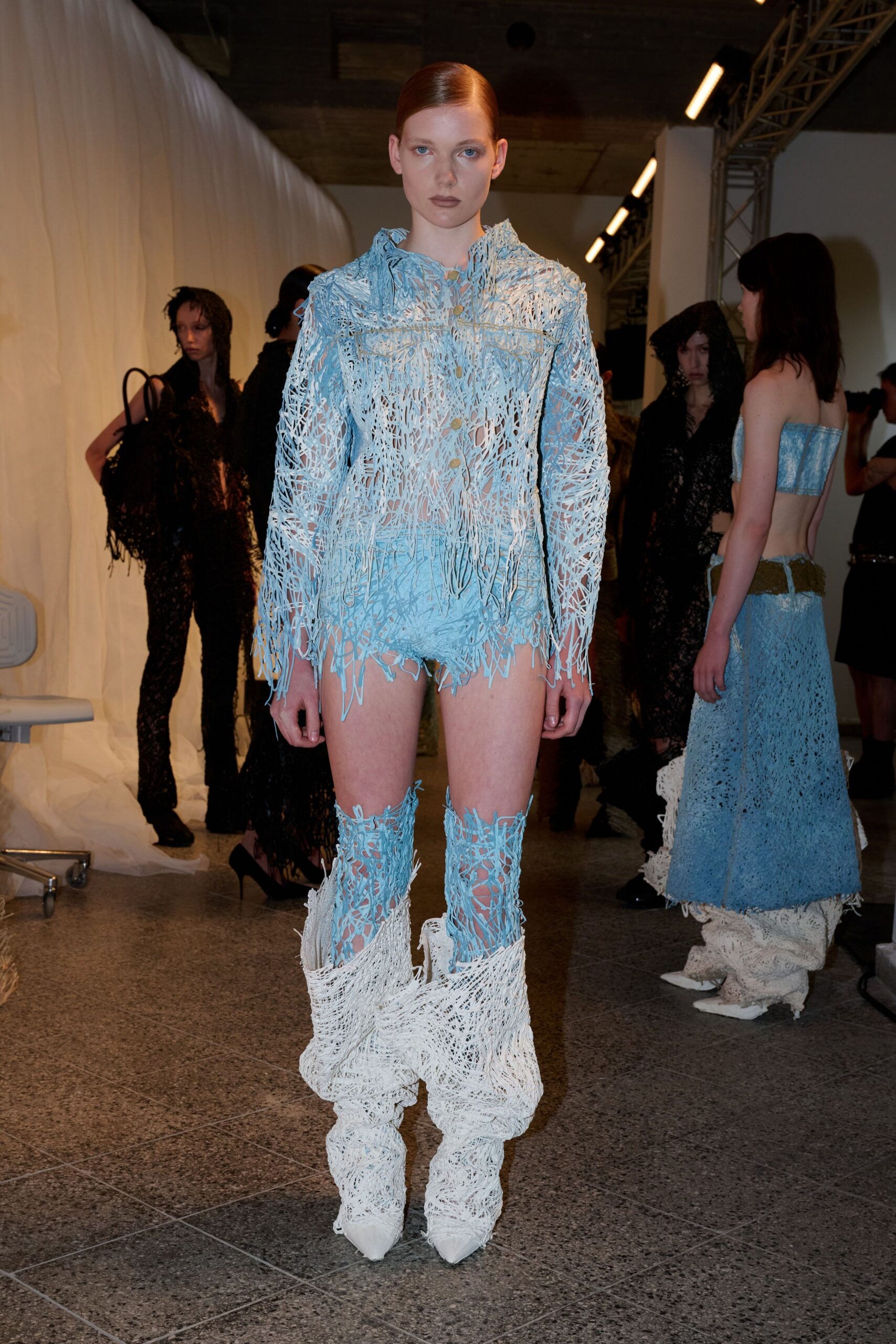 white cotton fitted fringed boots