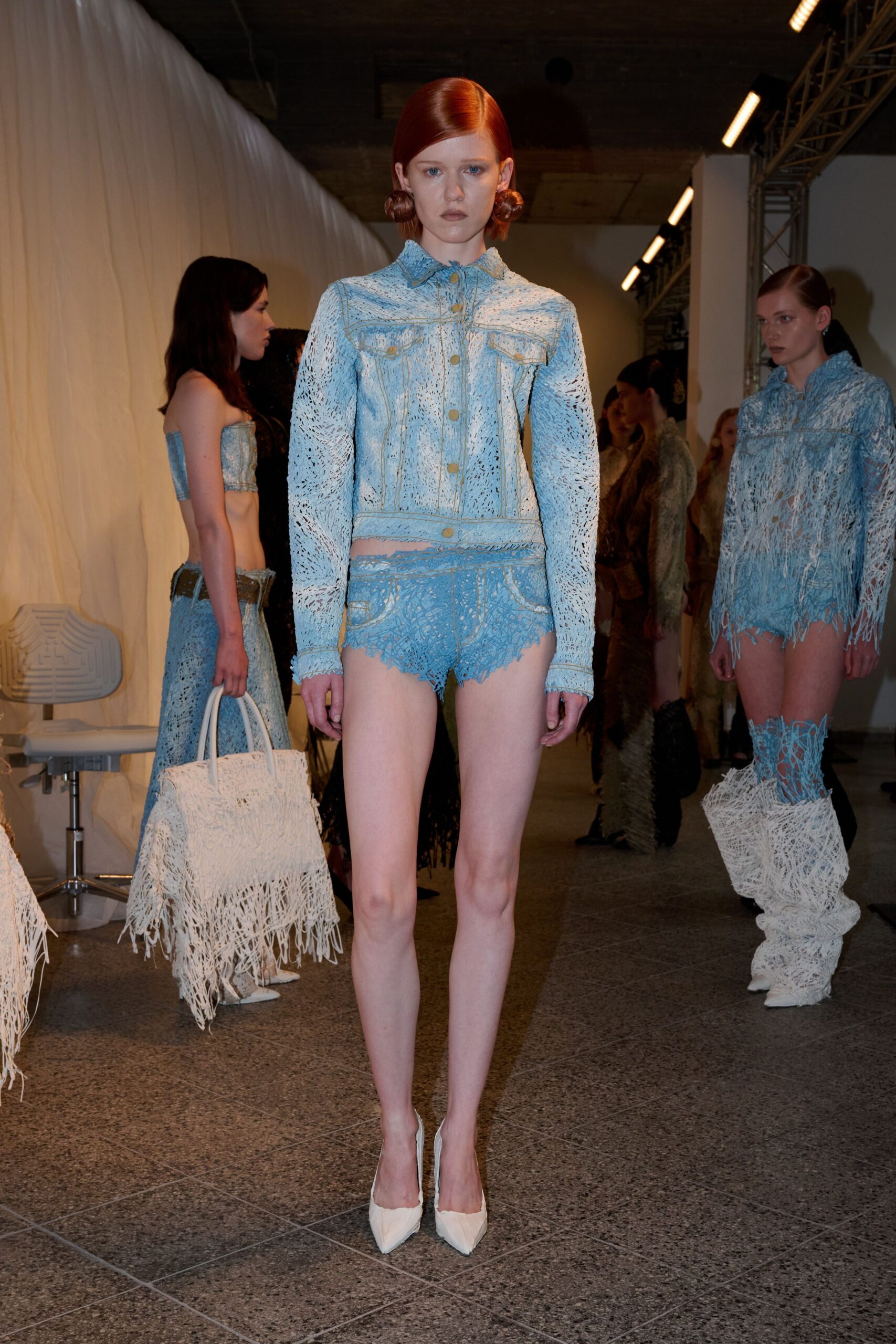 blue denim fitted embroidered short shorts