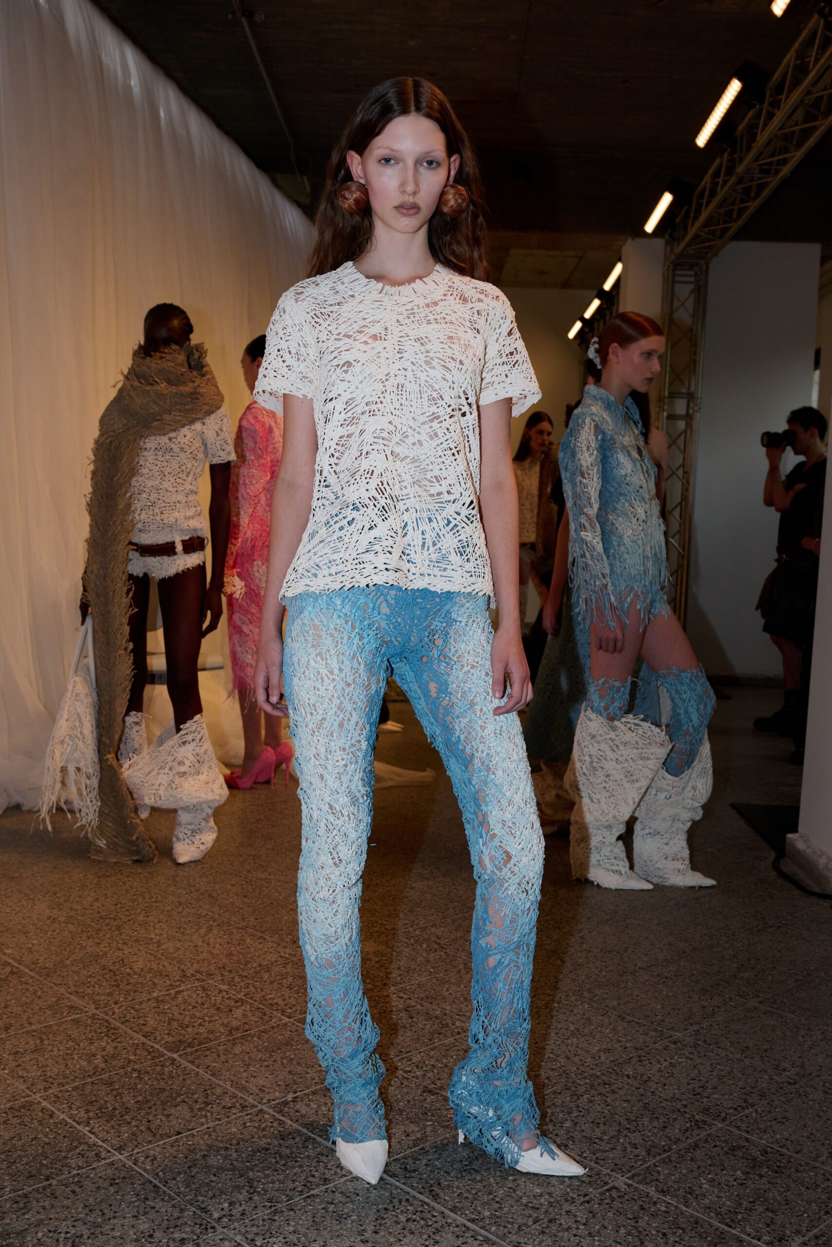 blue lace fitted embroidered pants