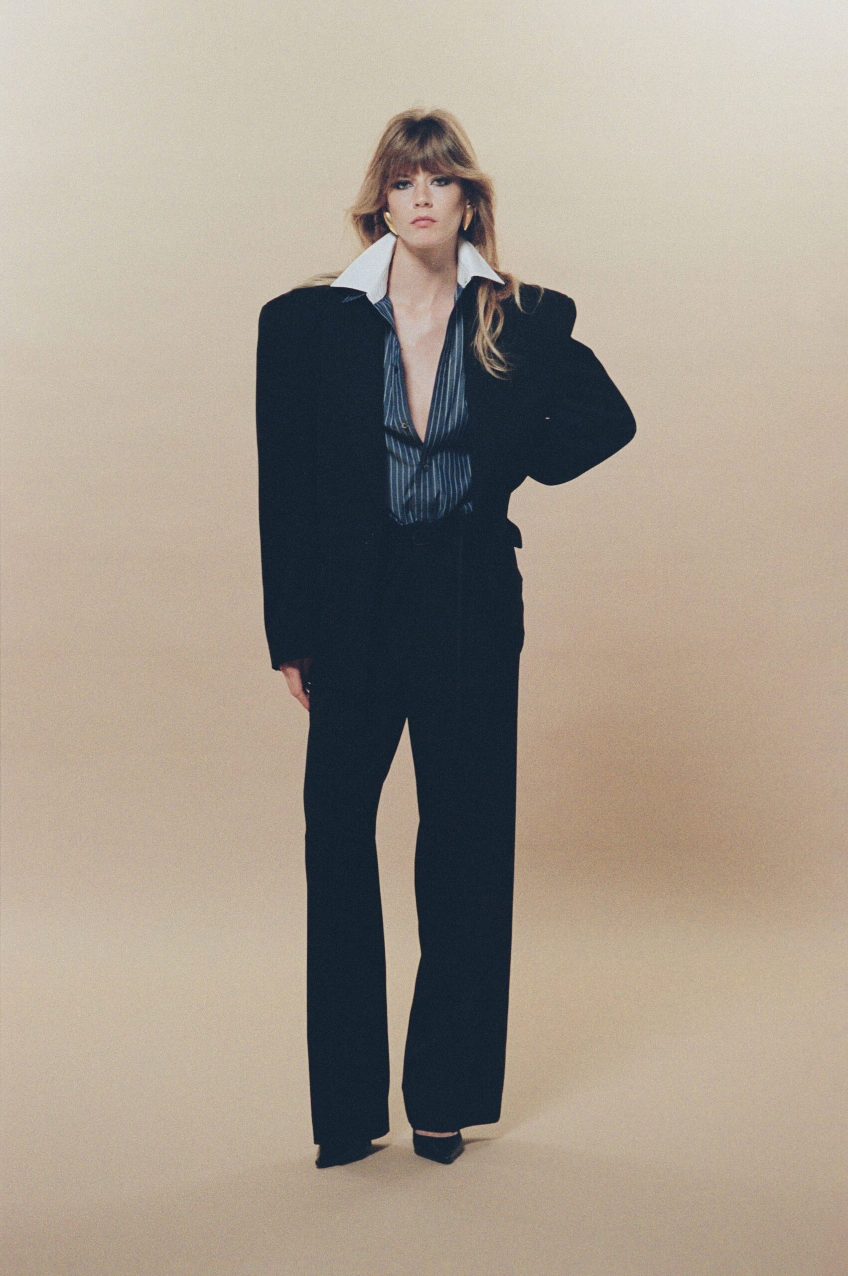 black wool tailored straight-leg pants