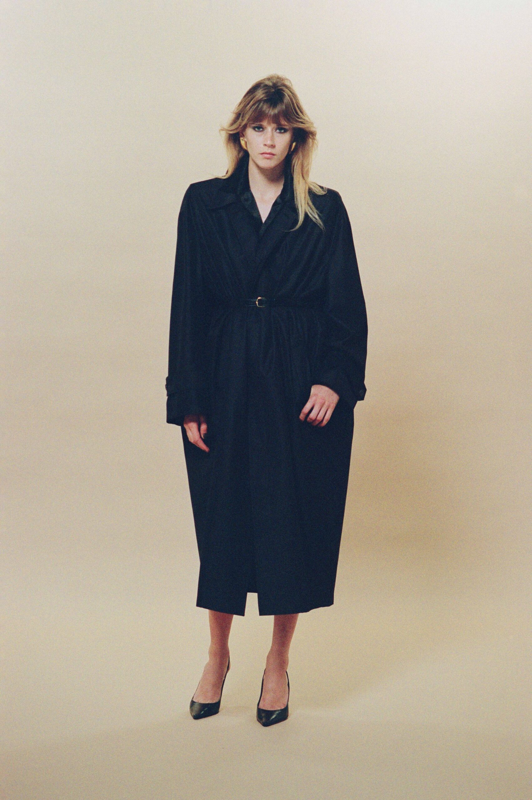 black cotton long-sleeve collared relaxed belted midi coat