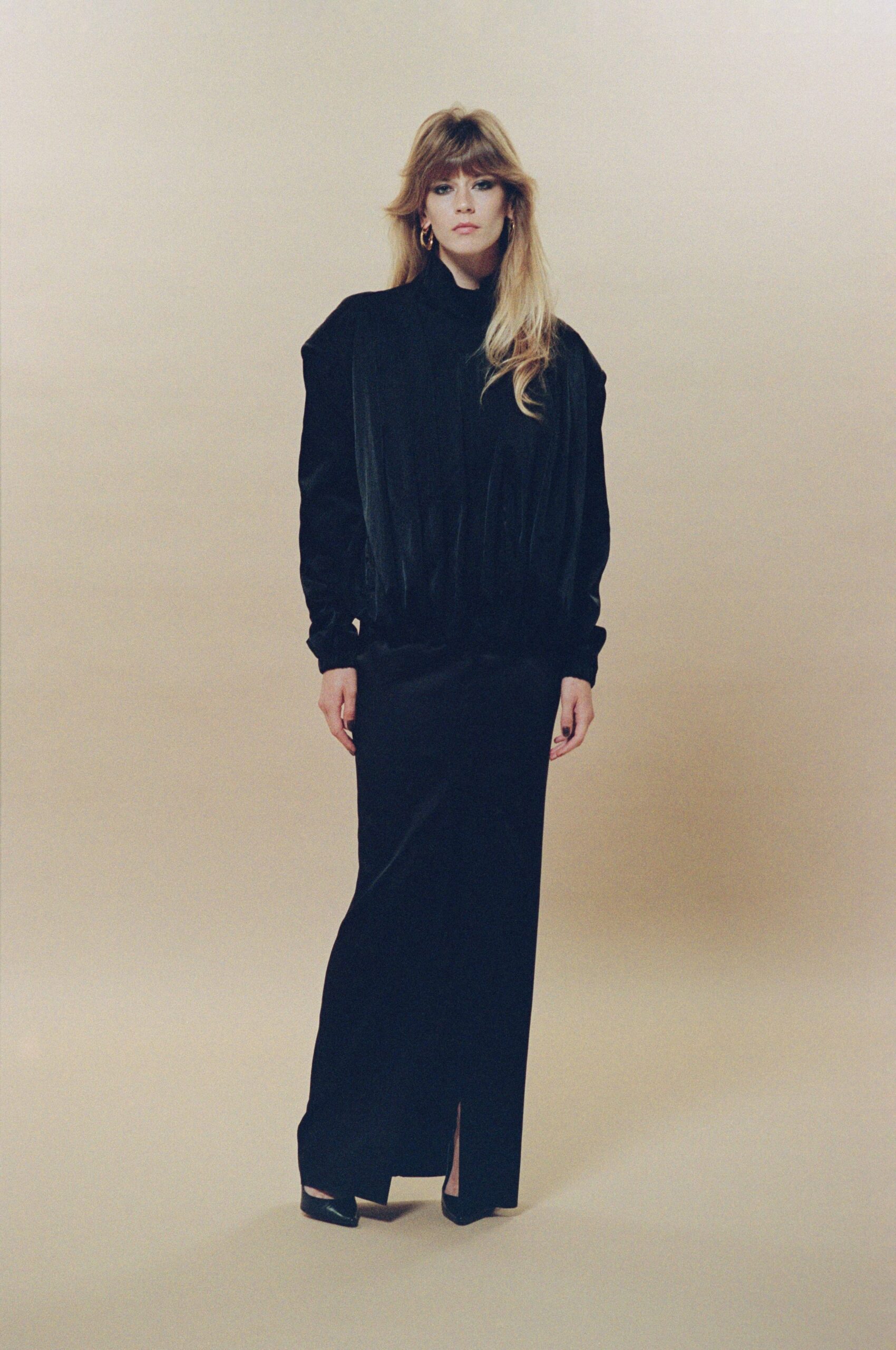 black silk long-sleeve high-neck fitted pleated top