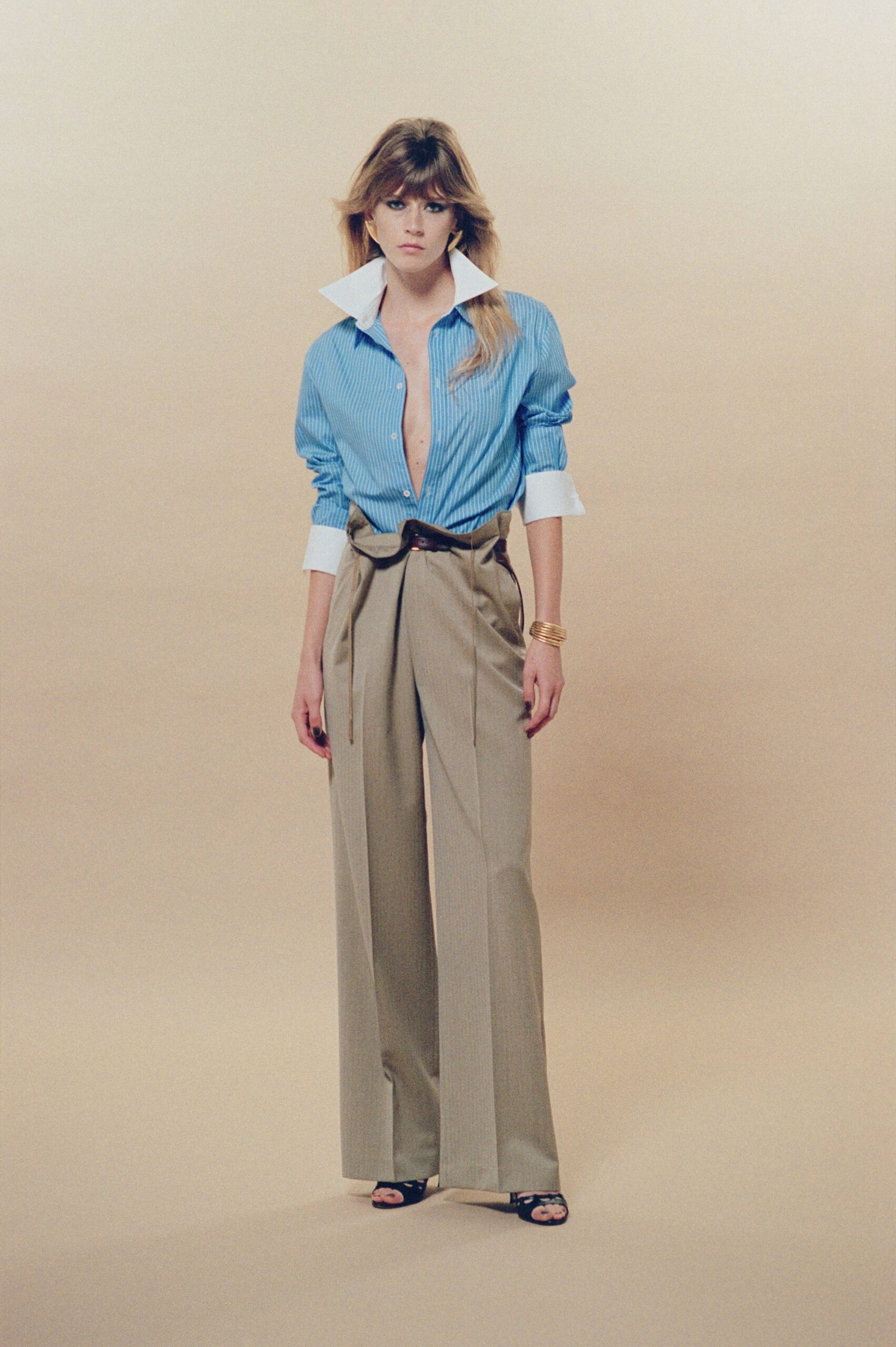 beige cotton tailored wide-leg pants