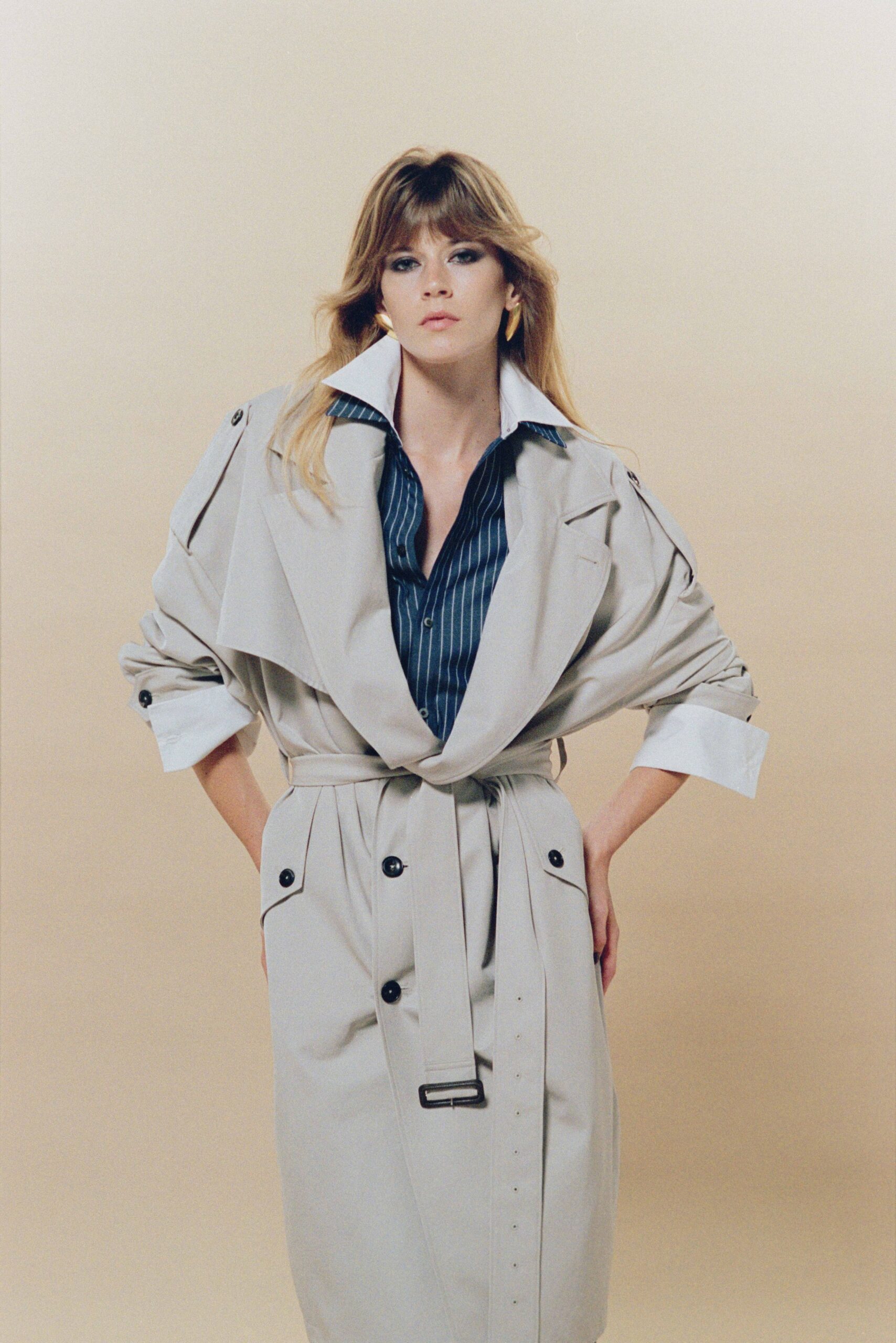 beige cotton long-sleeve collared relaxed belted midi trench