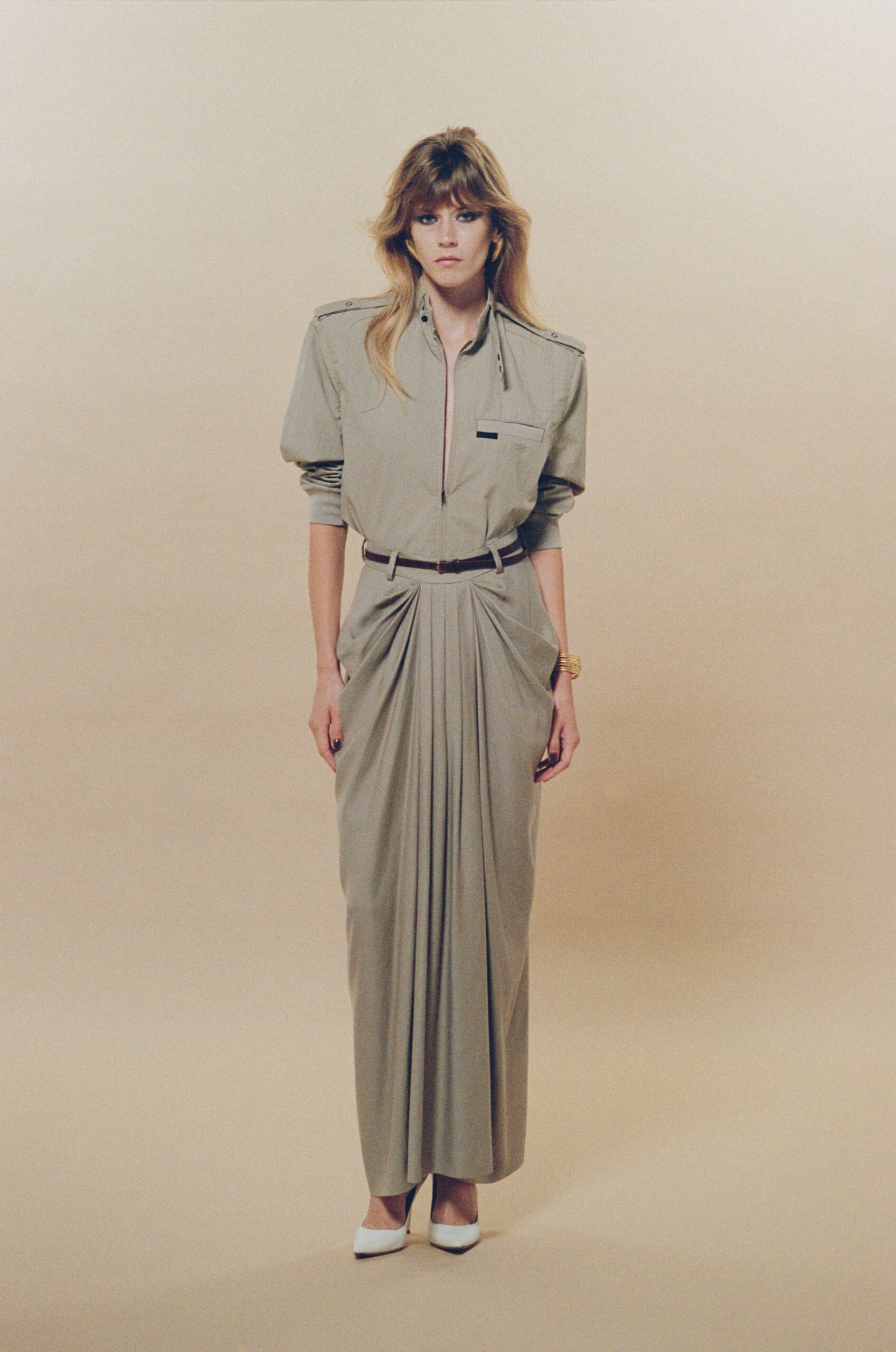 beige cotton long-sleeve collared fitted pleated maxi shirt-dress