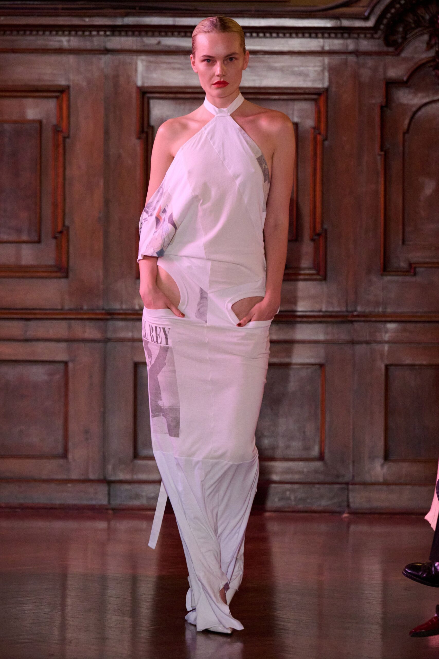 white printed halter dress