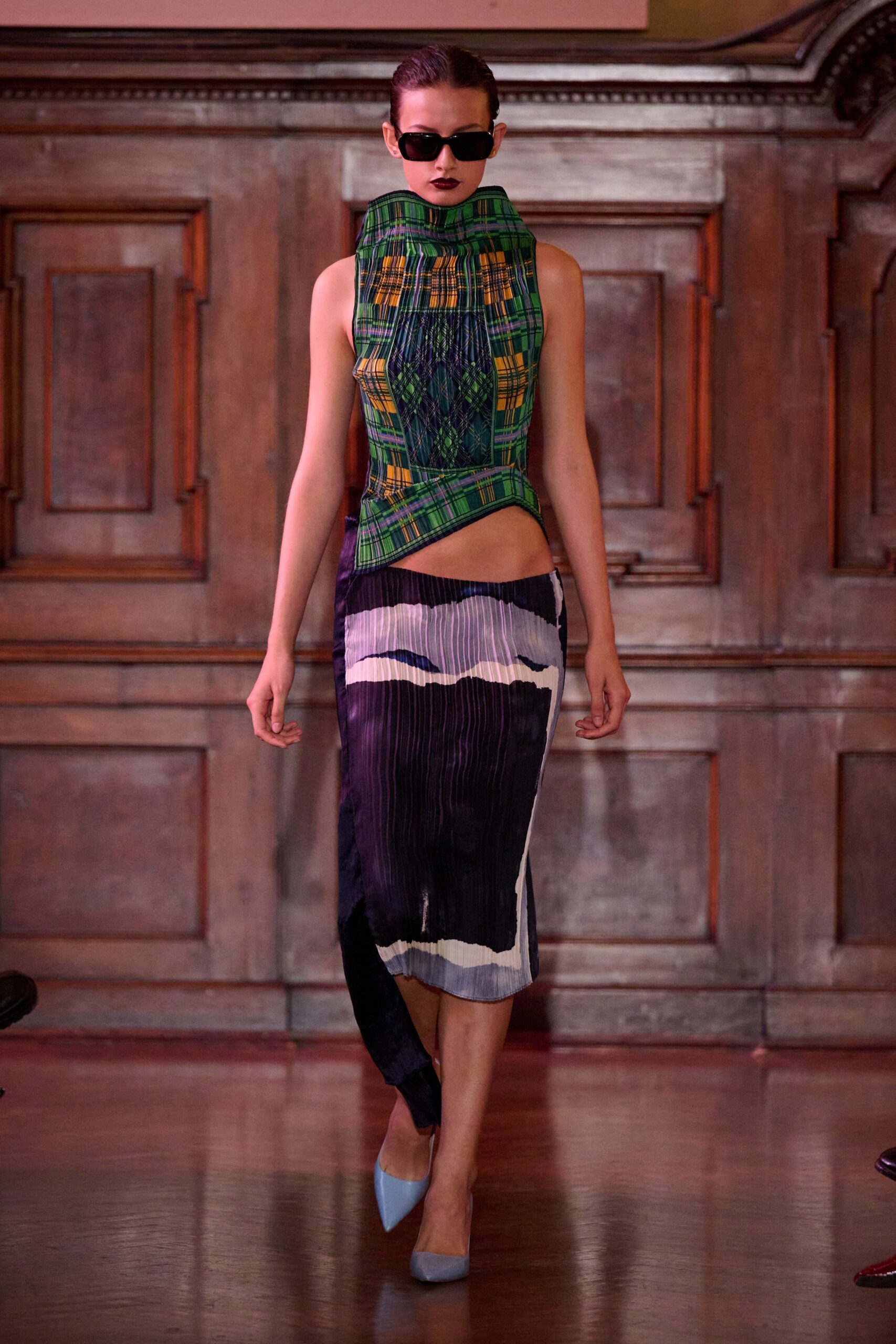 green silk sleeveless high-neck fitted pleated layered top