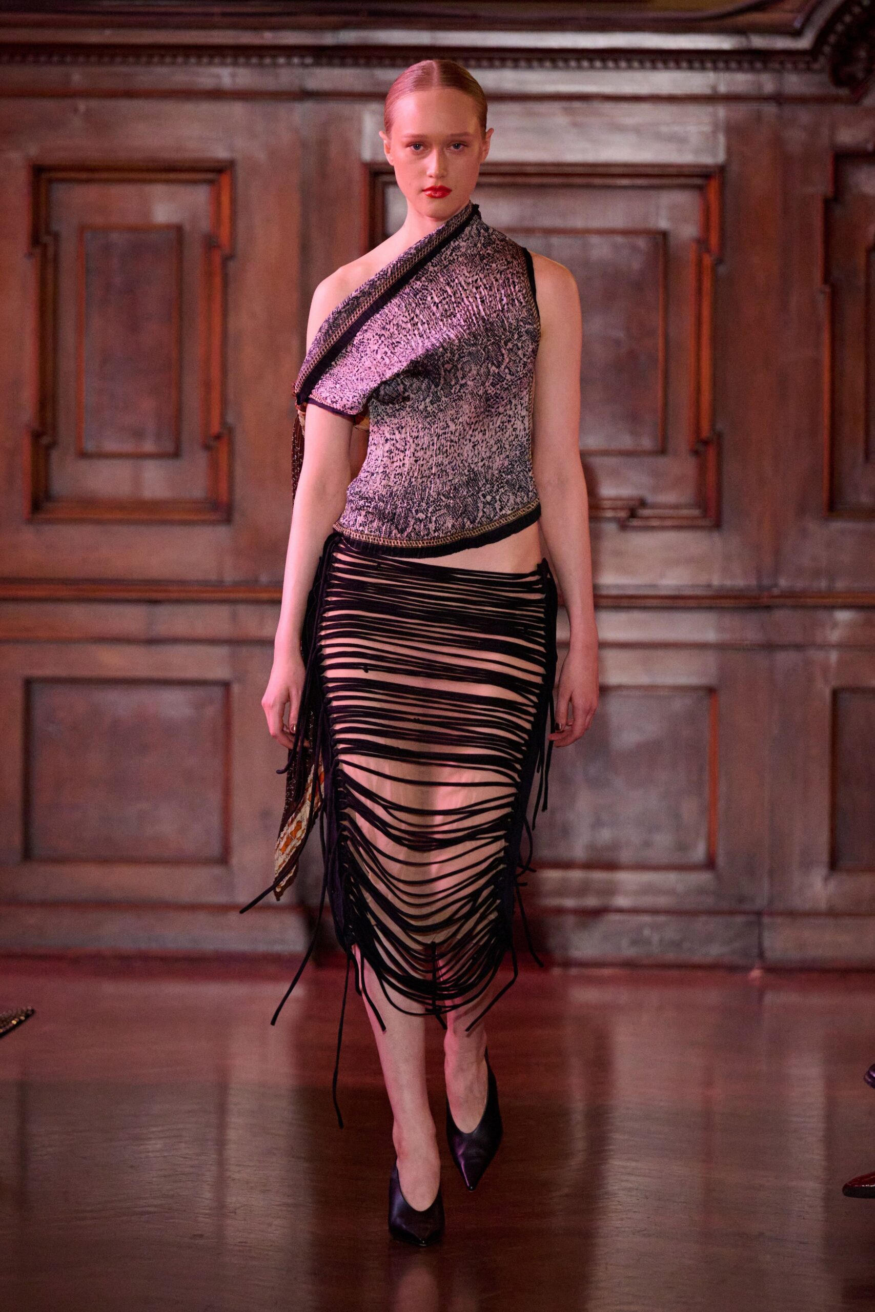 black silk fitted fringed midi skirt