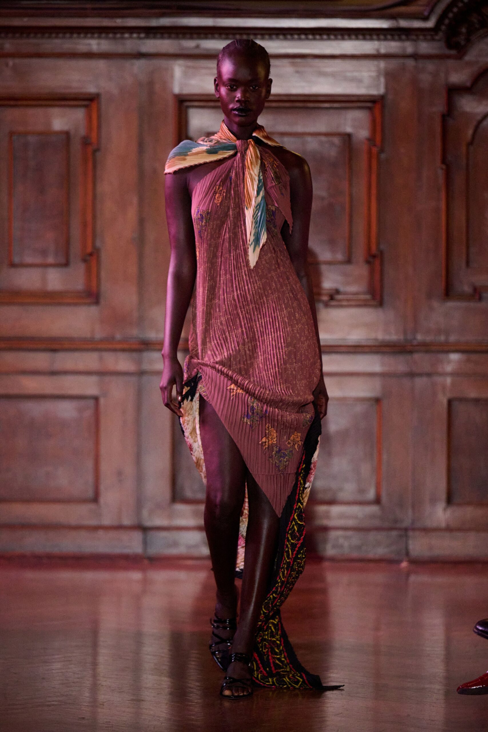 brown silk sleeveless high-neck fitted pleated embroidered dress