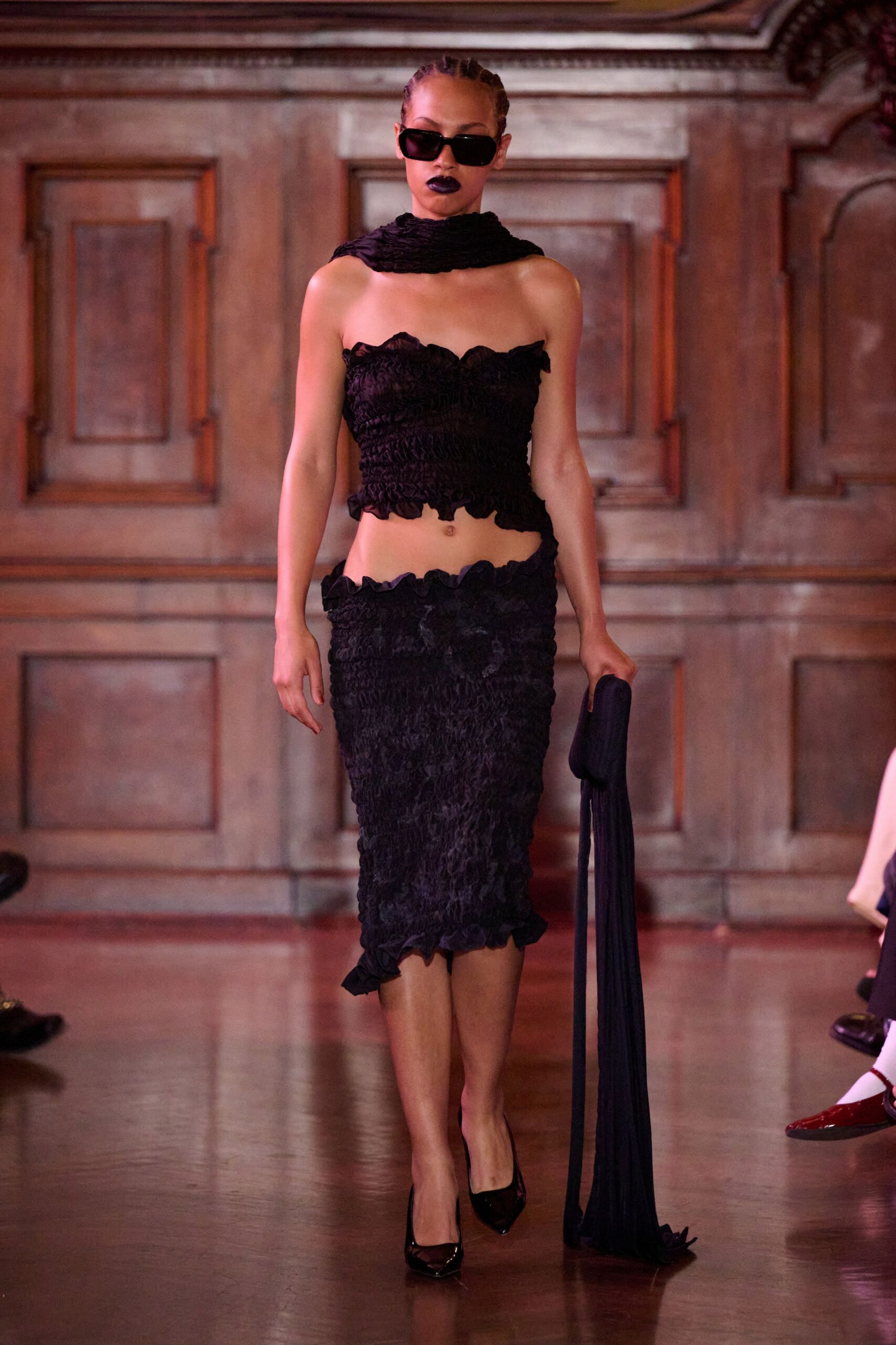 black lace fitted top and skirt