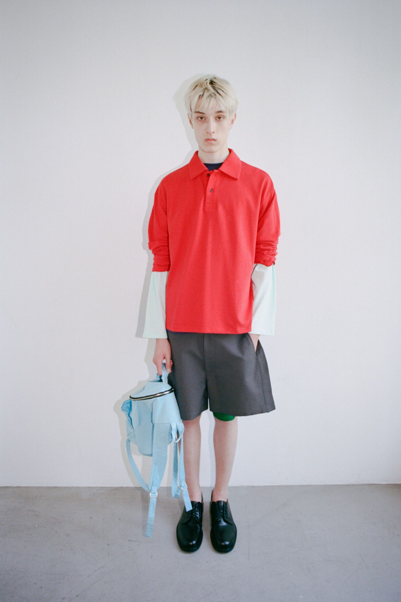red cotton long-sleeve collared relaxed shirt