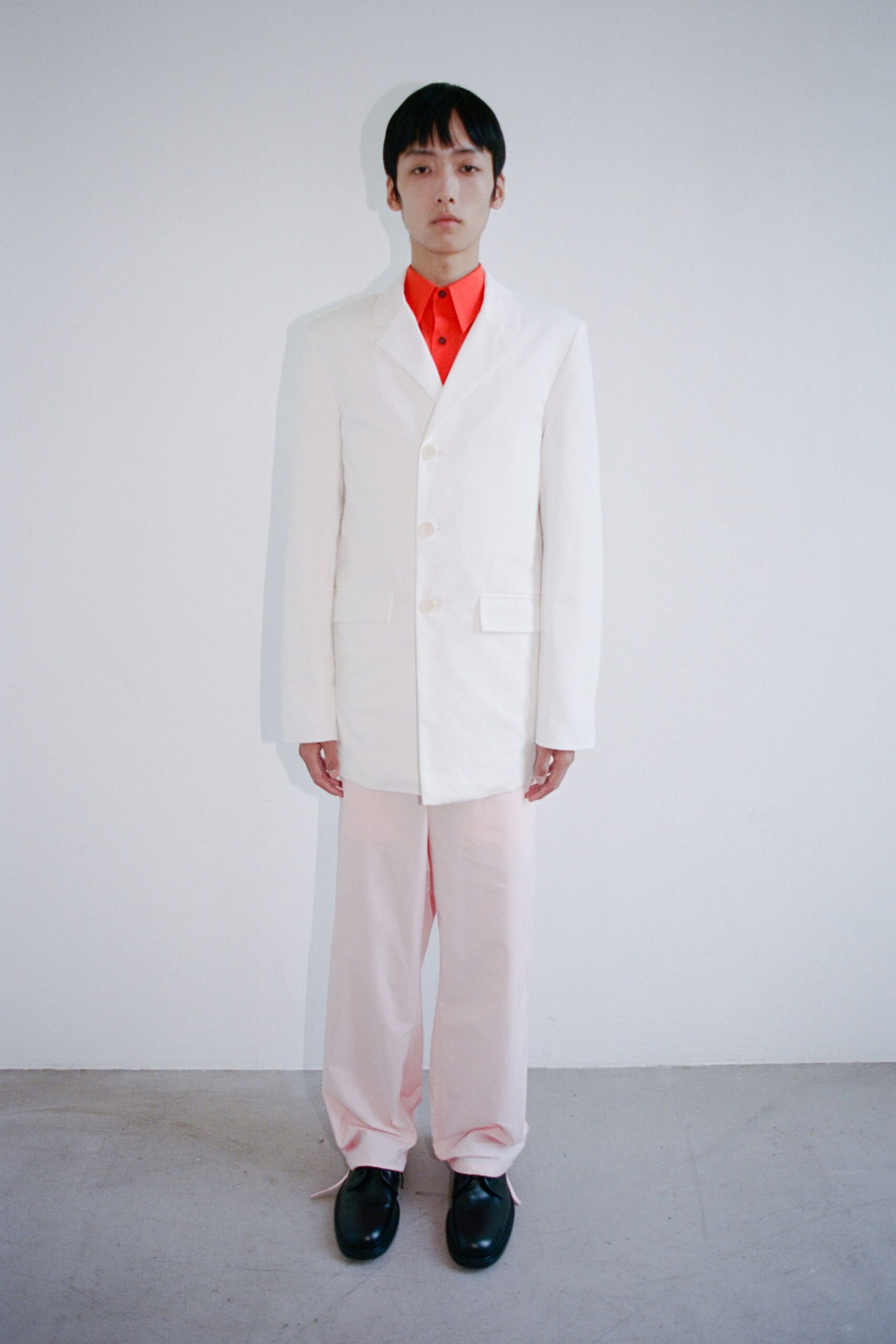 red short-sleeve collared fitted shirt