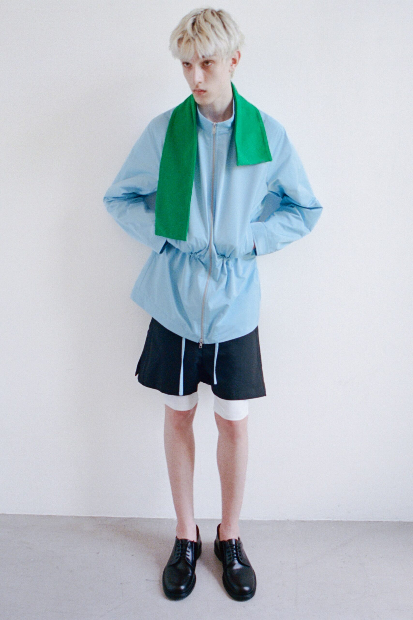 blue cotton long-sleeve collared relaxed zippered jacket
