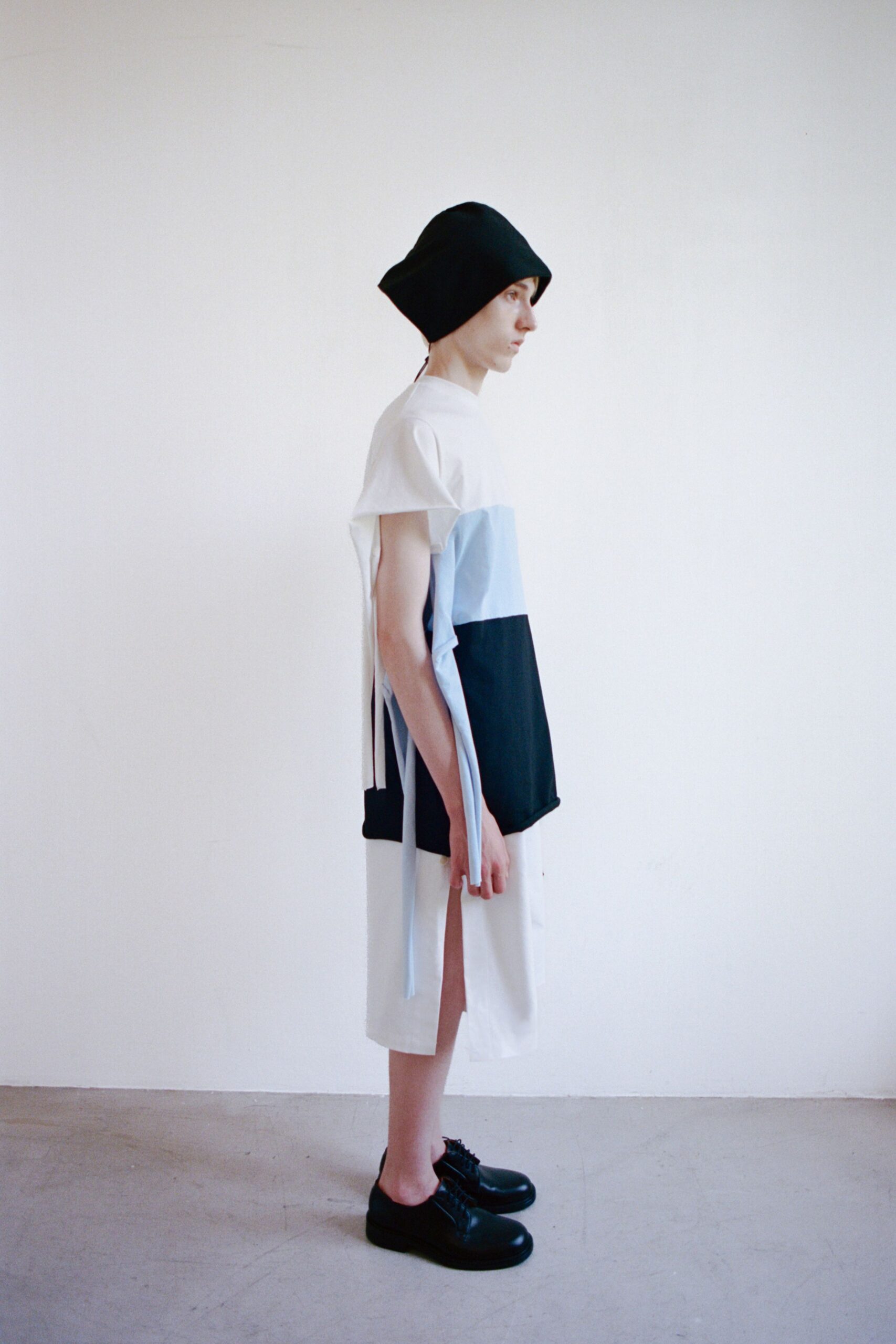white cotton short-sleeve relaxed color-blocked layered midi dress