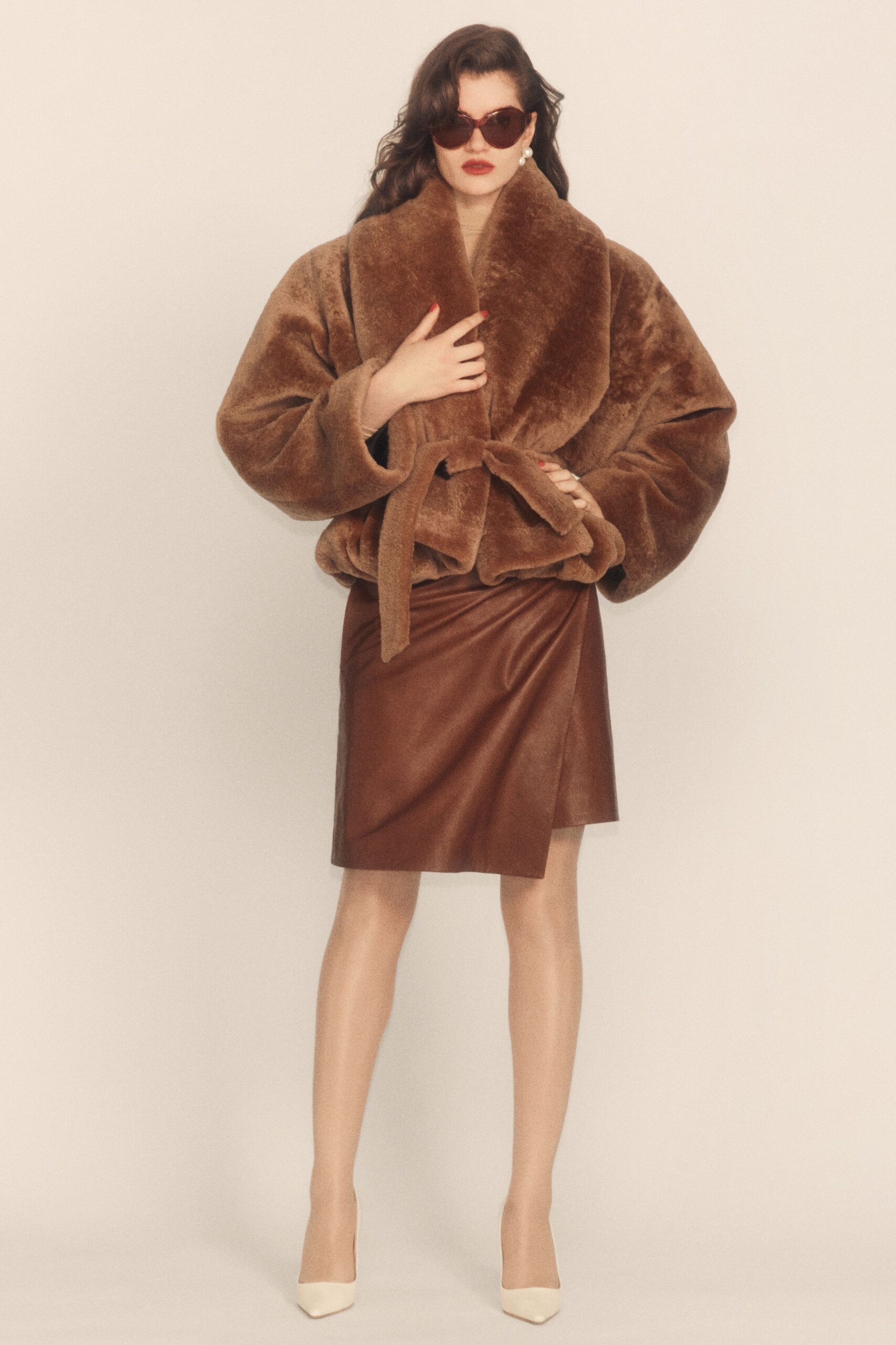 brown faux-fur long-sleeve collared oversized belted coat