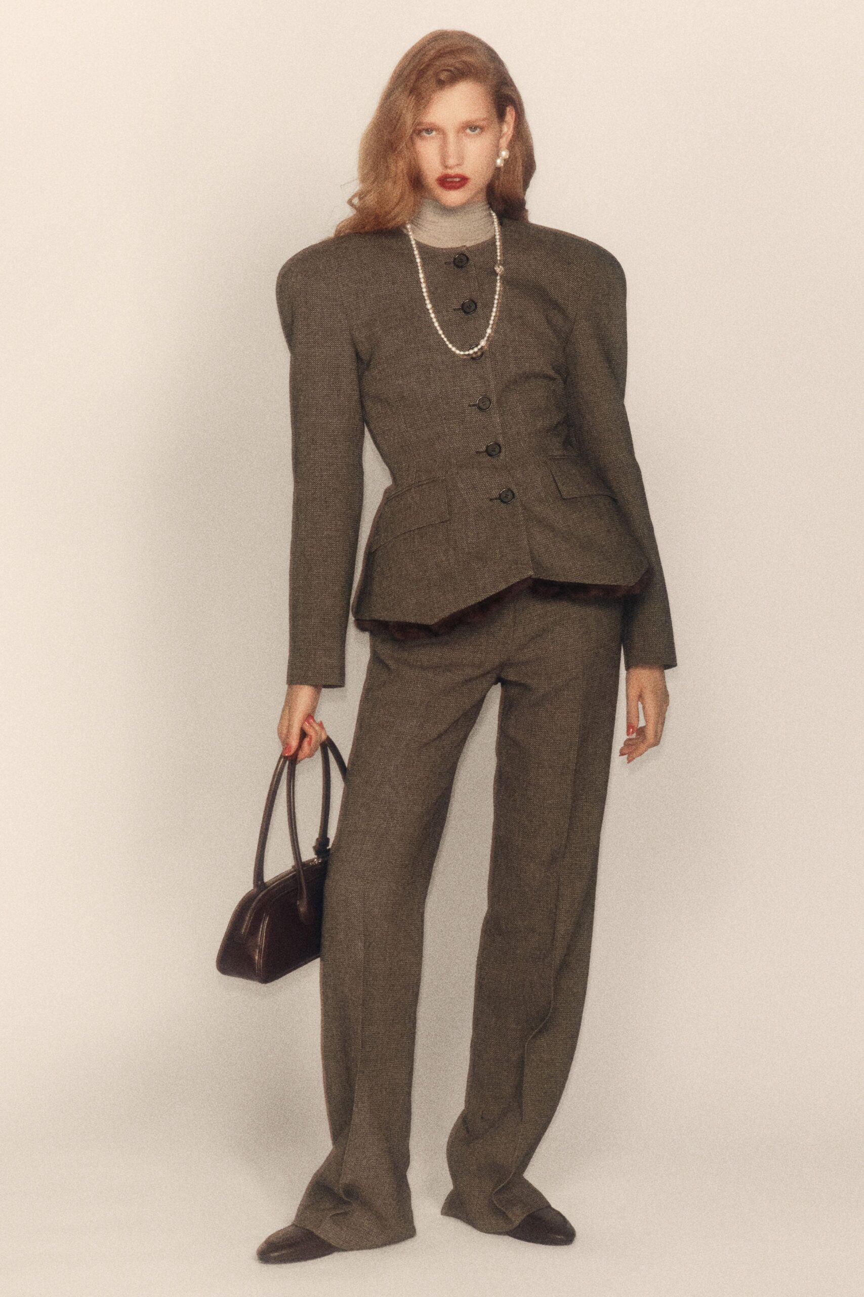 gray wool long-sleeve collared structured buttoned blazer